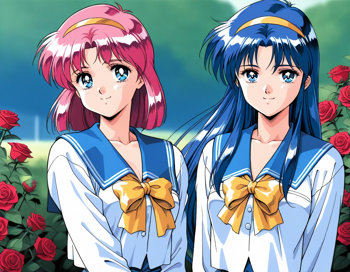 masterpiece, best quality, good quality, <lora:AiShimai_Futari_no_Kajitsu_IS:1> Kitazawa_Rumi, 1girl, blue hair, breasts, long hair, blue eyes,
school uniform, serafuku, 1990s (style) BREAK, Kitazawa_Tomoko, 1girl, pink hair, Yellow hairband, small breasts, short hair,
serafuku, school uniform, Yellow ribbon, 1girl, BREAK,
multiple girls, 2girls, blue eyes, blue hair, long hair, retro artstyle, long sleeves, smile, bow, blue sailor collar, sailor collar, 1990s (style), upper body, looking at viewer,
outdoor, flower, rose,