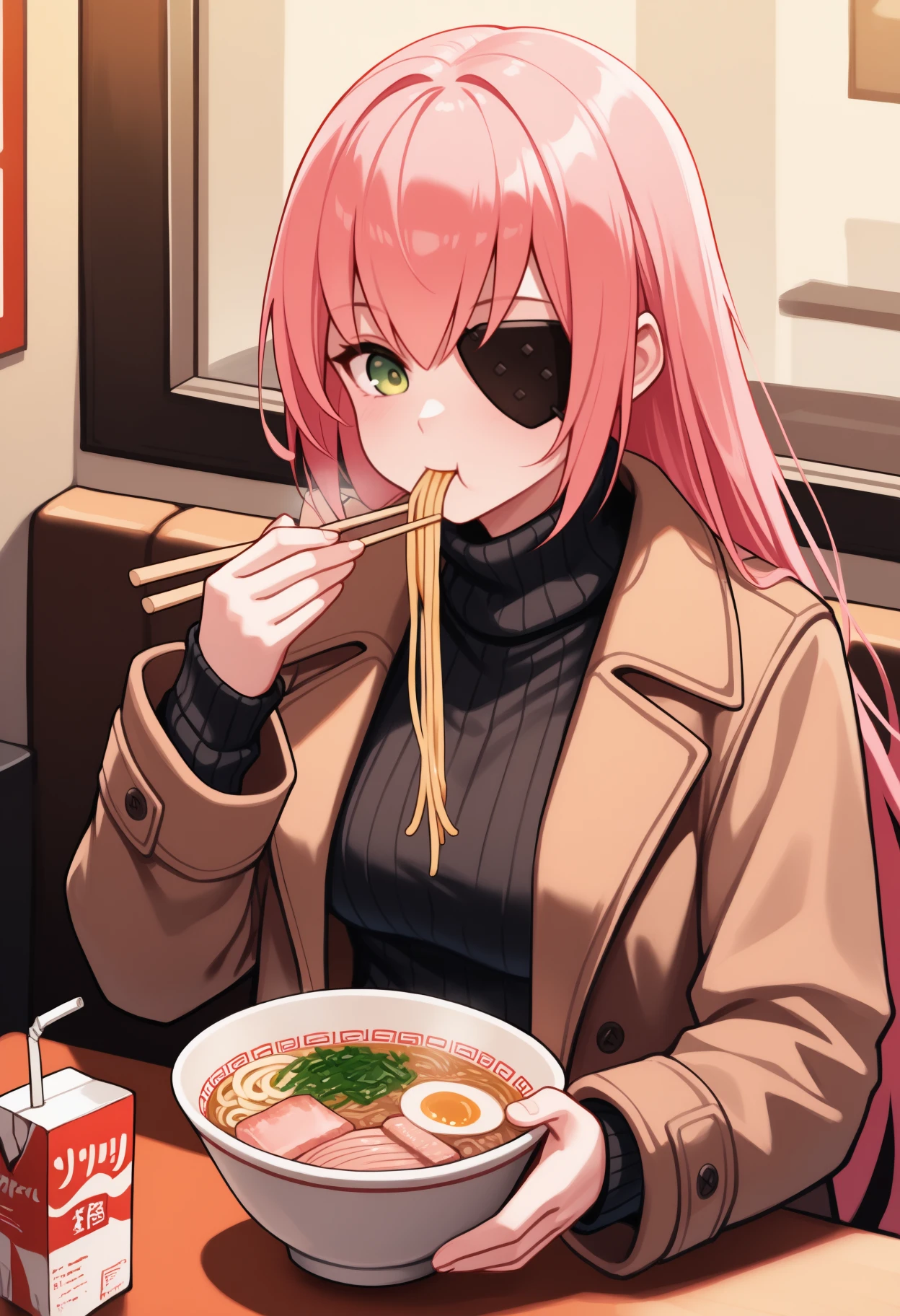 masterpiece, best quality, upper body, solo, 1girl, czdlt, eating, looking at food, holding bowl, ramen, holding chopsticks, pink hair, green eyes, eyepatch, winter clothes, brown coat, open coat, long sleeves, black sweater, ribbed sweater, turtleneck sweater, indoors, restaurant, table, juice box
<segment:yolo-Anzhc Face seg 640 v2 y8n.pt,0.4,0.5//cid=1>
