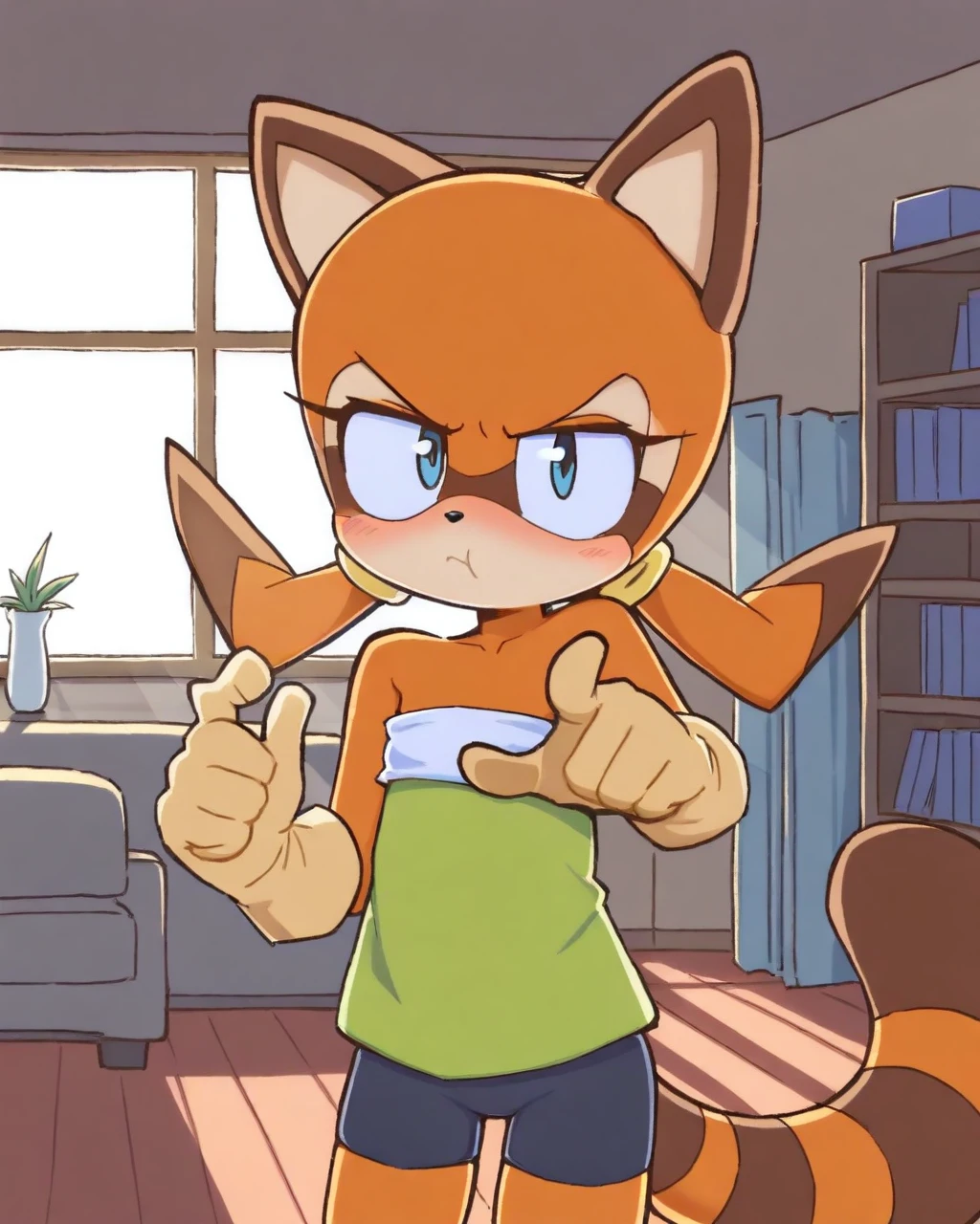 masterpiece, best quality, orenji, 1girl, solo, marinetheraccoon, furry female, orange fur, tube top, strapless, green shirt, black shorts, bike shorts, pouting, blush, pointing at viewer, looking away, standing, upper body, living room, looking at viewer, cowboy shot, window, bookcase, vase, window, cloudy, light rays