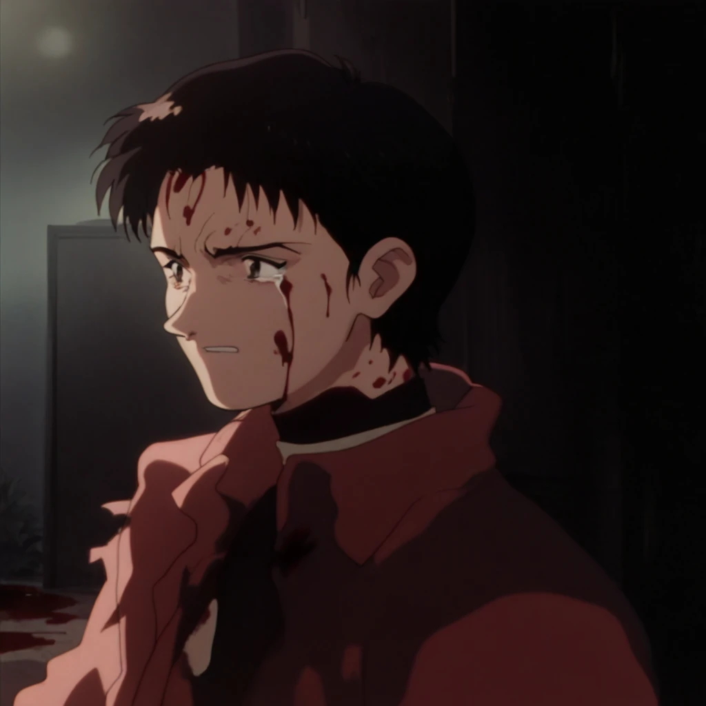 score_9, score_8_up, score_7_up,score_6_up, contrast, dark, 1boy, 1girl, solo, retro artstyle, 90s, grain, anime screencap, Yoshiyuki_sadamoto, crying, forlorn, blood_on_hands, embrace, caress <lora:90sanimecleanpony:1>