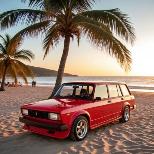 vaz_2104, On a picturesque beach where golden sand meets azure waves, a stunning tuned car is parked proudly. Its vibrant color and aerodynamic design catch the eye of passersby. Surrounding the car are tall palm trees, their leaves gently swaying in the breeze. In the distance, the sunset paints the sky in warm shades of orange and pink. The sound of the sea can be heard in the background, while people relax on the beach, enjoying the atmosphere of a summer evening  <lora:vaz-2104-1-56-3024:1>