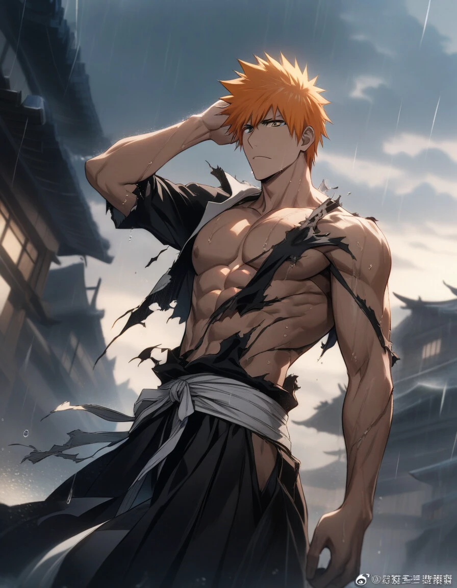 1boy, male focus, kurosaki ichigo, bleach, black hakama, tensa zangetsu (bankai), torn clothes, outdoors, rain, pectorals, (masterpiece), (best quality), (ultra-detailed), very aesthetic, illustration, disheveled hair, perfect composition, moist skin, intricate details,