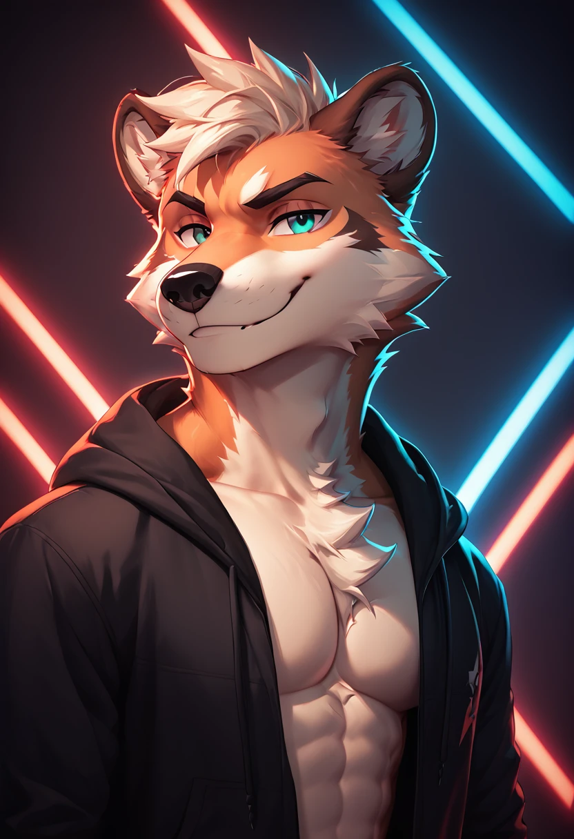 Masterpiece, score_9, score_8_up, beautifully detailed, male, black hoodie,  (lines_light_background:1.2),black background, white neon line background, <lora:line_background:1>,  dark, smirk, dynamic background, revealing chest, sexy pose, <lora:Verdion:0.8>, version, furry