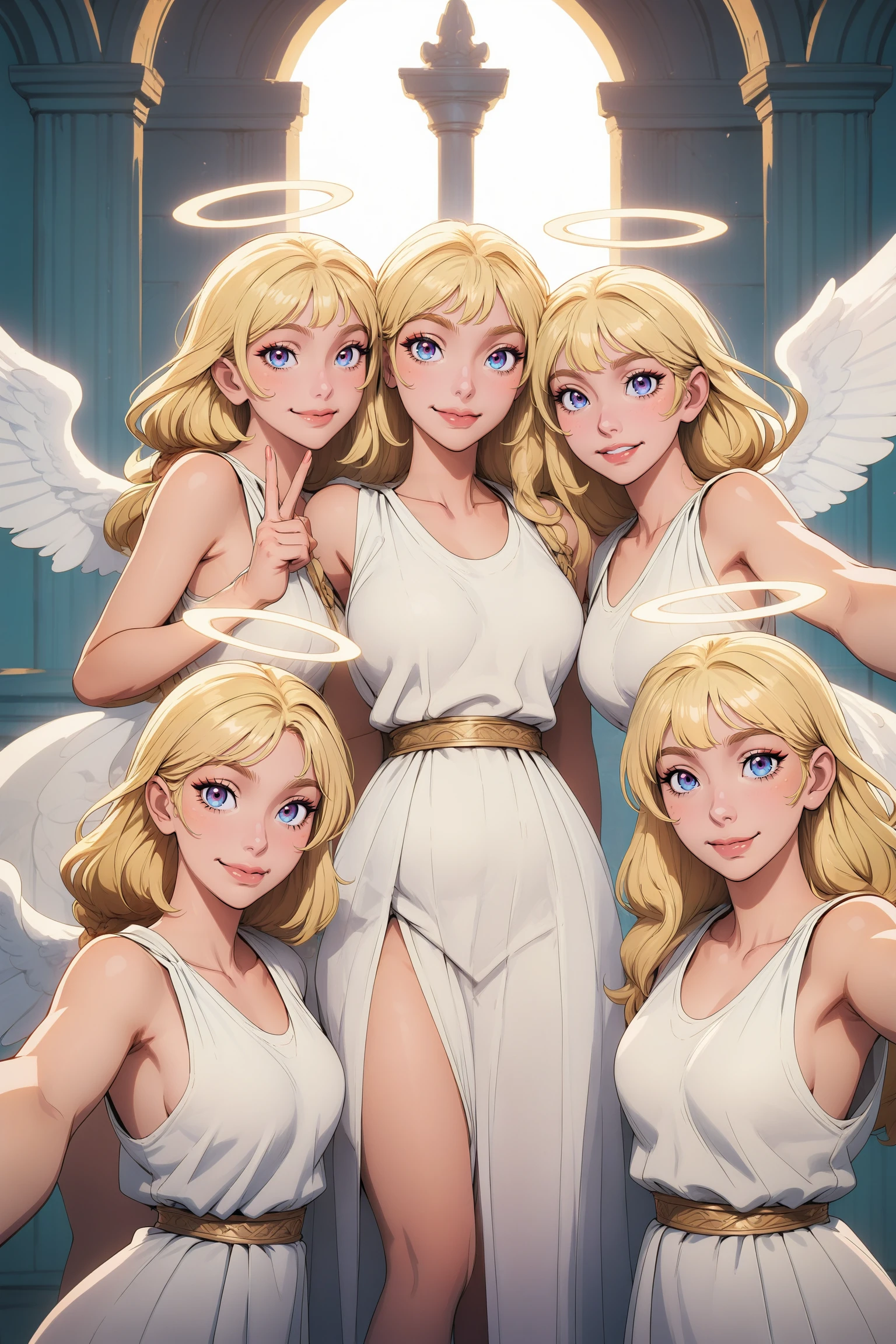 official wallpaper,.,
.,
.,
.,year 2024,newest,<lora:ToonyouV6:0.8>,art,group photo,selfie,ancient greek clothes,greek mythology,angel,, very awa, masterpiece, best quality, highres, absurdres,