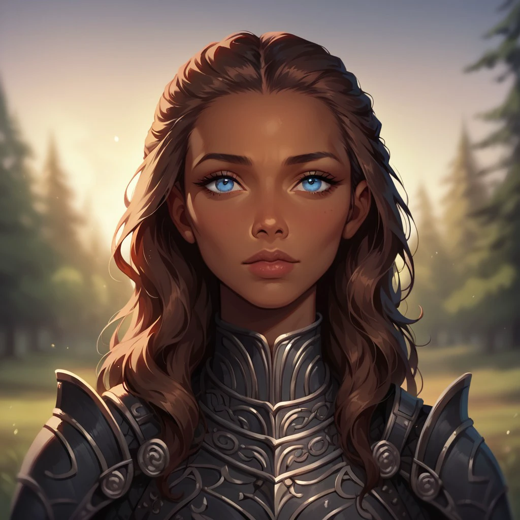 (((detailed, beautiful, high quality))), score_9, score_8_up, score_7_up, upper body,
(depth of field, dynamic lighting),
human,
1 girl, african appearance, sky blue eyes, long hair, brown hair, black armor,
looking at the viewer, posing,
blurred background, fantasy background, dark background, forest,
