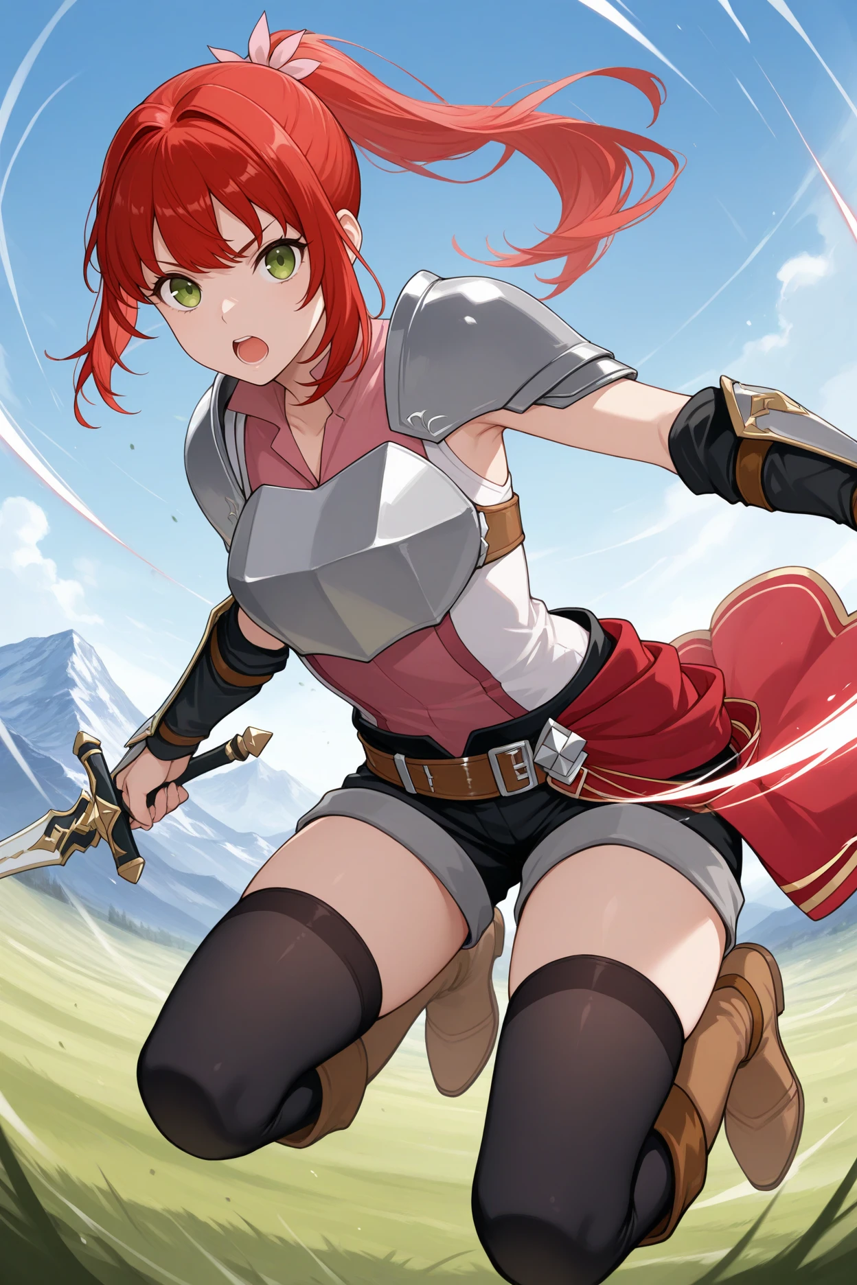 masterpiece, best quality, 1girl, solo,  <lora:aliselovell-illu-nvwls-v1-000006:1> alslvl, sidelocks, ponytail, sidelocks, red hair, green eyes, armor, shoulder armor, pink shirt, sleeveless shirt, bracers, belt, black shorts, short shorts, brown belt, red waist cape, field, mountains, blue sky, leaping, jumping, black thighhighs, brown boots, full body, slashing, incoming attack, holding sword, sword, motion blur, serious, open mouth, (from below:1.4), looking at viewer, dynamic pose