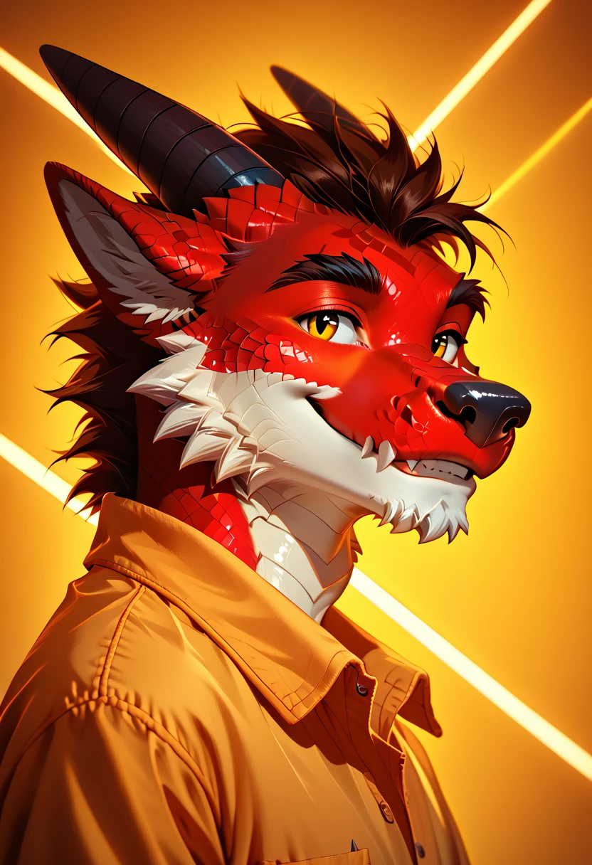 Masterpiece, score_9, score_8_up, beautifully detailed, male, anthro, furry, (dragon:1.2),  (lines_light_background:1.2), gradient yellow background, neon line background, <lora:line_background:1>, cheerful,  side view, smile,  <lora:KFT_FSSE_V5-2D:1>, casual shirt, portrait