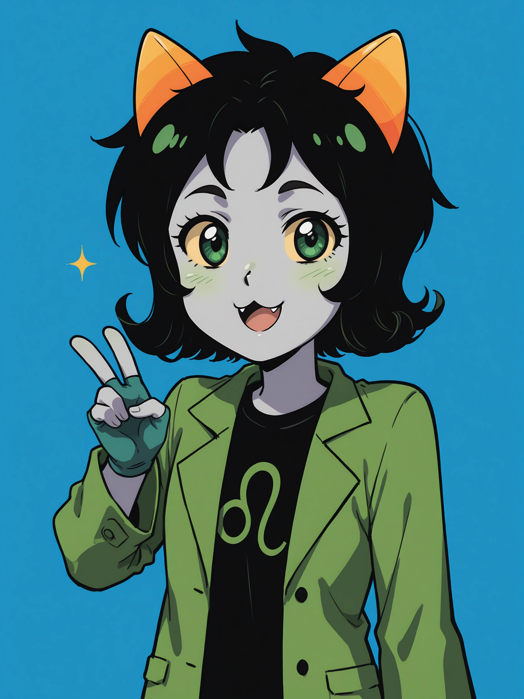 vscore_9, score_8_up, score_7_up, score_6_up, score_5_up, score_4_up, 2d, anime, anime artstyle, simple shadows, flat coloring, flat shadows, thick lines,  <lora:Nepeta_Leijon_Homestuck_-_SDXL_Illustrious:1>, nepeta leijon, 1girl, looking at viewer, smile, short hair, open mouth, simple background, shirt, black hair, gloves, long sleeves, animal ears, green eyes, jacket, upper body, :d, multicolored hair, horns, cat ears, fingerless gloves, black eyes, black shirt, v, :3, colored skin, fangs, blue background, furry, colored sclera, green skin, grey skin, green gloves