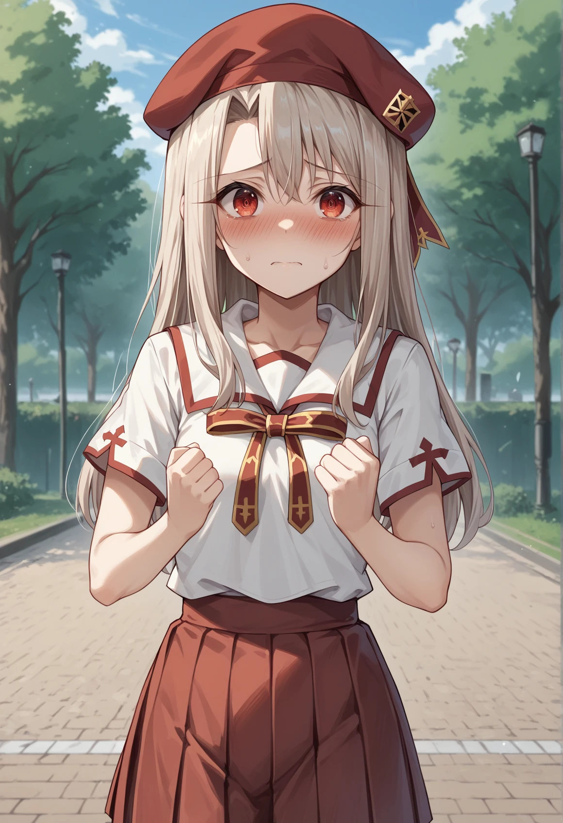 1girl, solo, white hair, red eyes, long hair, homurahara academy school uniform, white shirt, short sleeves, red ribbon, pleated skirt, beret, embarrassed, clenched hand, looking at viewer, outdoors, park, small breasts  <lora:Illya_pony_v2:1>, score_9, score_8_up, score_7_up, score_6_up, score_5_up, score_4_up, BREAK source_anime, masterpiece