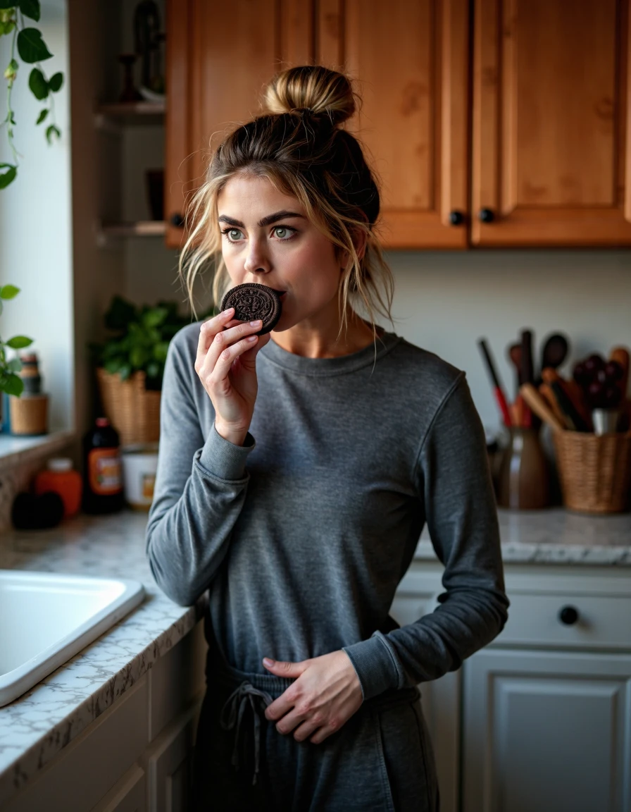 high fashion photo of KathyIreland woman, standing in her kitchen, wearing sweats, hair in a messy bun, she leans on the marble counter eating an oreo, this is her guilty pleasure and reward after a long day of work, it's dusk,
sharp focus, full sharp