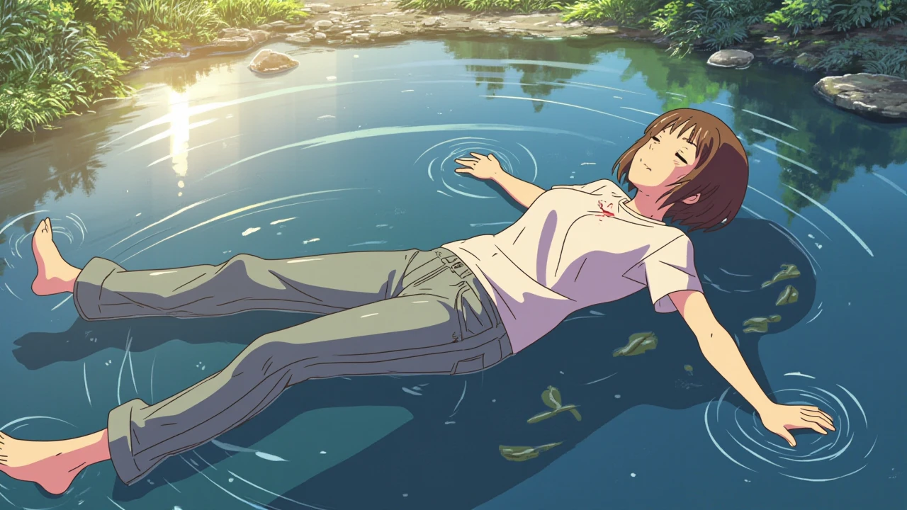 anime screencap in yn artstyle, a wet 25 year old woman with a wet messy bobcut hairstyle and dressed in wet drenched t-shirt and jeans laying back and floating inside a forest lake during a sunny midday in summer. she is spreading out her arms with a light smile and closed eyes