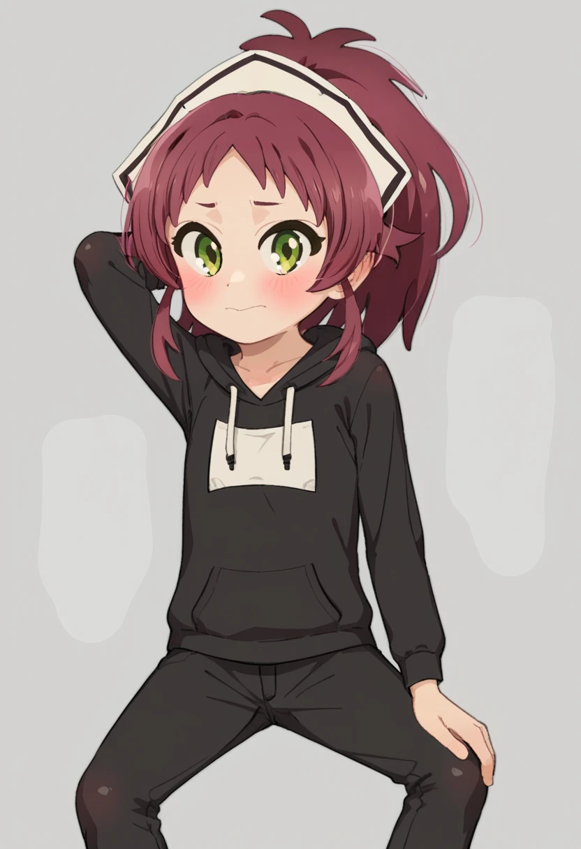 score_9, score_8_up, score_7_up, , <lora:add-detail-xl:3>,
BREAK
<lora:MT_col_v2:0.8>, (aisha), maroon hair, maid hair piece, high ponytail, green eyes, closed mouth, blush, model pose, one hand behind head, one hand on knee,
hoodie, pants,