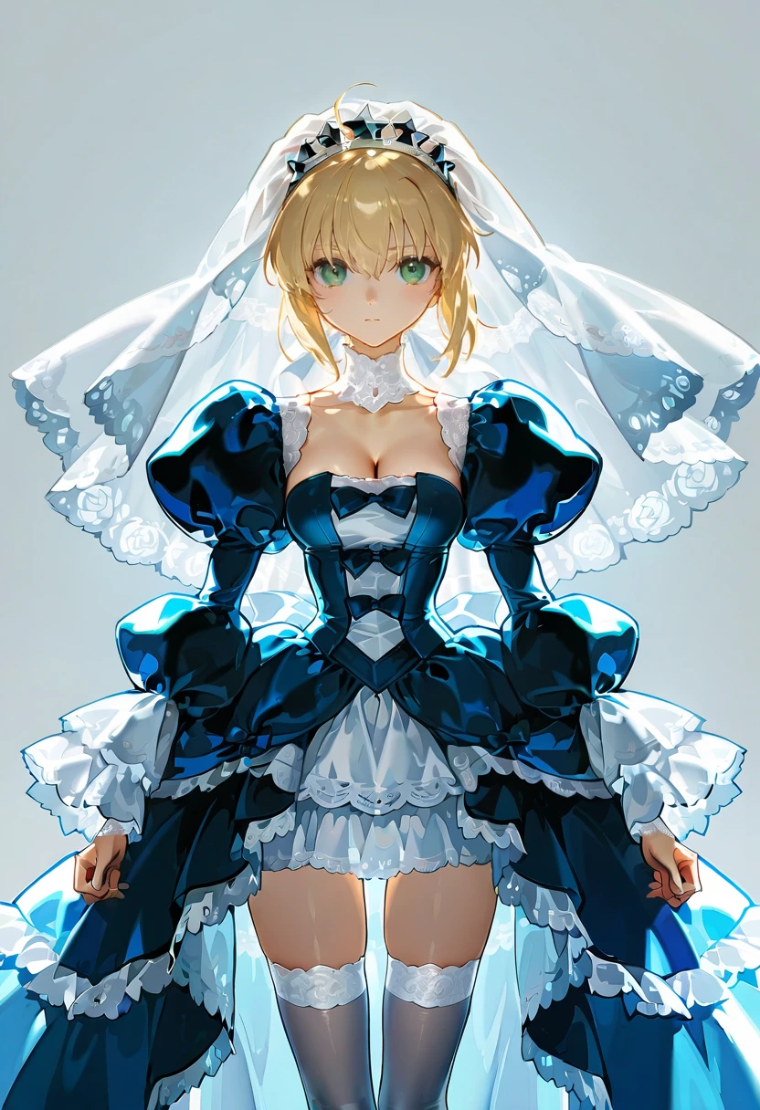 1girl,solo,looking at viewer,ikeda ruriko, bl dress, veil,puffy sleeves,thighhighs, saber_(fate)