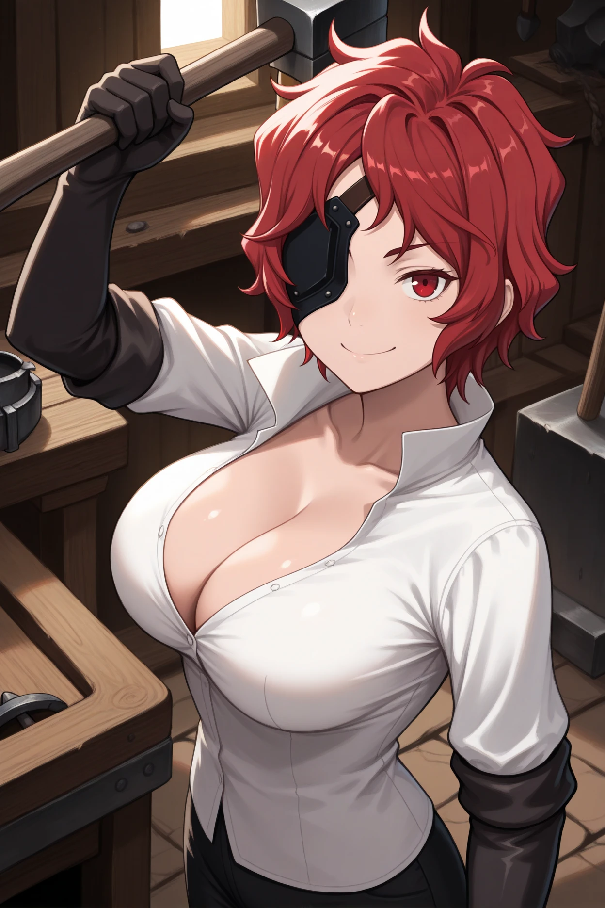 masterpiece, best quality, 1girl, solo,  <lora:hephaestus-illu-nvwls-v1-000005:1> hephaistos, red hair, medium hair, eyepatch, red eyes, white shirt, dress shirt, cleavage, sleeves rolled up, black gloves, elbow gloves, black pants, large breasts, looking at viewer, smile, holding blacksmith's hammer, forge, anvil, upper body, workshop