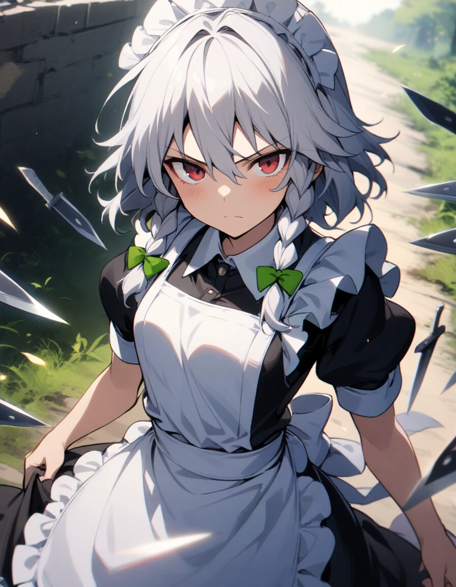 1girl, izayoi sakuya, touhou, solo, maid headdress, maid, apron, short sleeves, dress, closed mouth, white apron, looking at viewer, maid apron, puffy short sleeves, frills, puffy sleeves, black dress, frilled apron, hair between eyes, outdoors, blush, throwing knives, knives, serious face, upper body, masterpiece, best quality, very aesthetic, absurdres