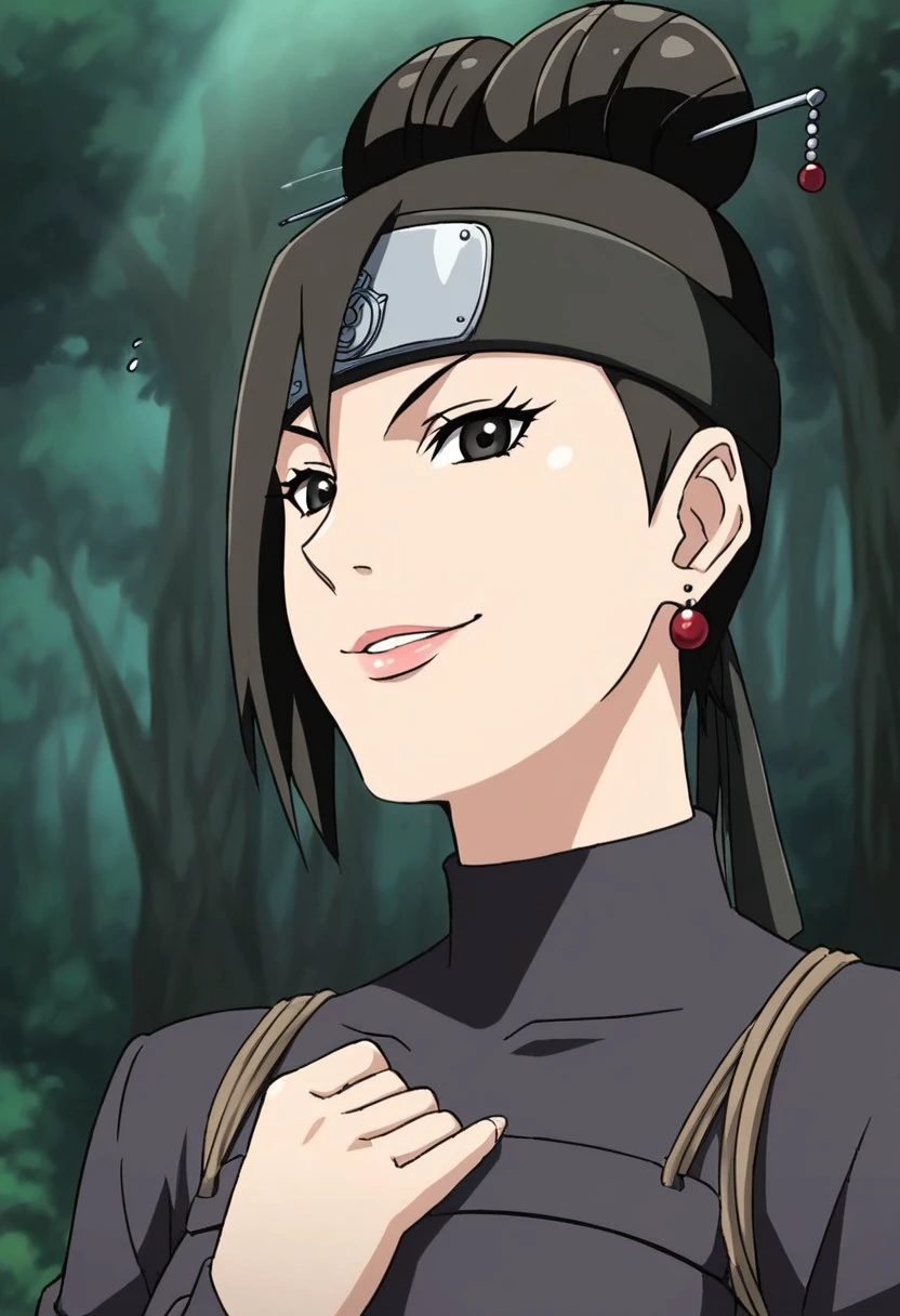 KoharuUtataneNS, 1girl, solo, beautiful kunoichi, dark eyes, black hair, short hair, hair is pulled back, twin bun, hairpin with two pearls dangling, hair ornament, forehead protector, earrings,  large breast, lips,  shinobi outfit, simple black outfit, breastplate, arm guards, fishnet tights, skirt, pouch strapped to her back, bandages, sandals, jewelry, konohagakure symbol on protector, sash, long sleeves,
seductive pose, sexy pose, tease,  in the spotlight,,
smile,forest,hand on hip,
score_9, score_8_up, score_7_up, beautiful aesthetic, very intricate, high quality details,vibrant, highly detailed, award-winning, professional,anime artwork, anime style, studio anime, athletic, curvy body, athletic girl, perky tits,large breast,perfect tits, round breasts, nipple outline,looking at viewer, pinup pose,teasing, dynamic lighting, cinematic, smug, better than you, aura of temptation, highly detailed, high resolution, masterpiece, detailed clother, detailed background, highly detailed, ((sound effects)) comic layout,