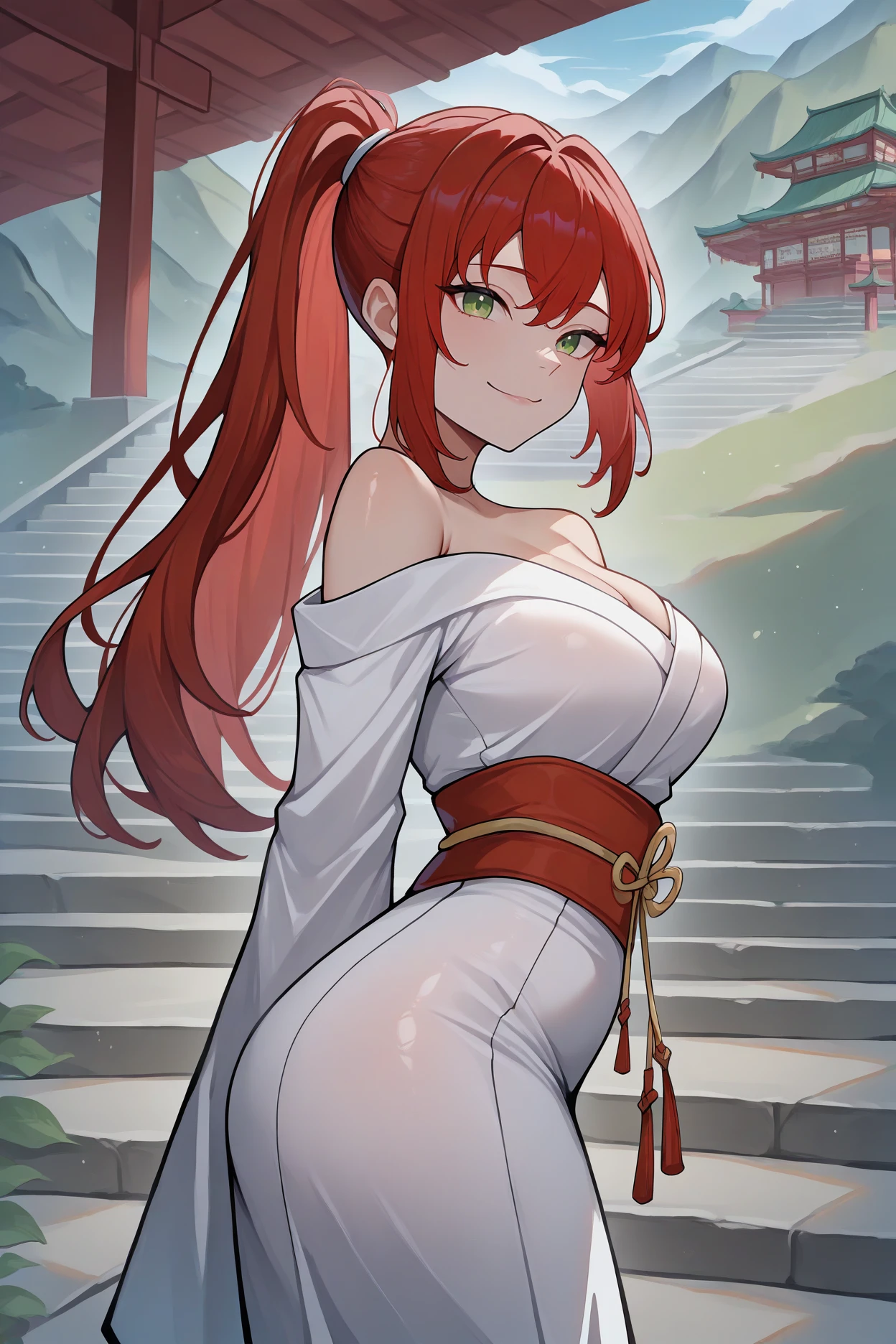 masterpiece, best quality, newest, absurdres, highres, 1girl, solo,  <lora:aliselovell-illu-nvwls-v1-000006:1> alslvl, sidelocks, green eyes, ponytail, sidelocks, red hair, medium breasts, white kimono, sash, off-shoulder, stairs, mountains, east asian architecture, looking at viewer, smile