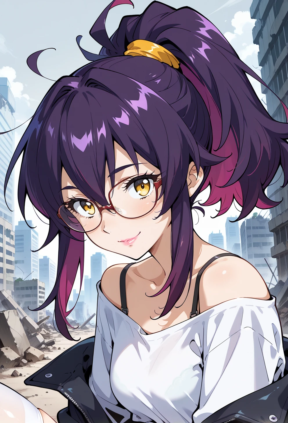 masterpiece, best quality, high quality, anime, <lora:AEHLINK:1.35> AEHLINK, smile, akihabara \(tokyo\), outdoors, ruins, debris, grey sky, portrait, <lora:AESumire:1> AESumire, colored inner hair, hair between eyes, pink lips, ponytail, purple hair, sidelocks, yellow eyes, black footwear, bra strap, glasses, high-waist shorts, jacket, off-shoulder shirt, shirt tucked in, shoes, white shirt, white thighhighs,