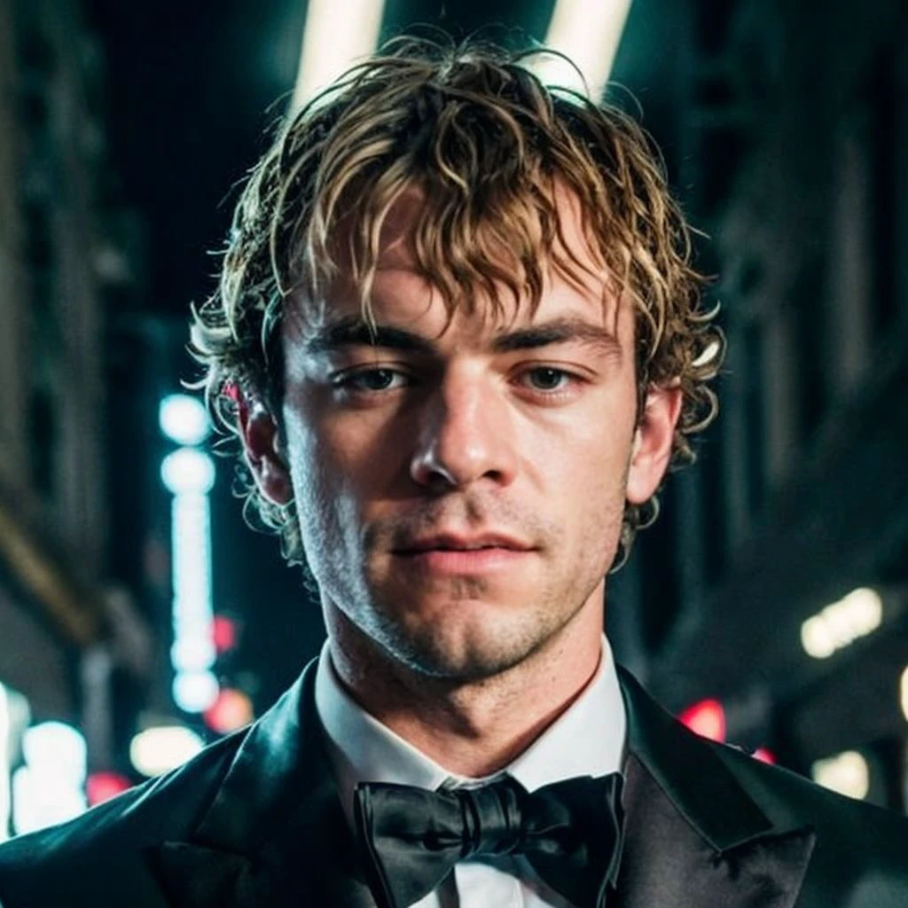 DSLR photo of rosslynch person using a tuxedo.face portrait.in blade runner.daylight.professional photography.high resolution.detailed photo.RAW.still film.f/16.uhd.hdr.4k <lora:rosslynch_50400:1>