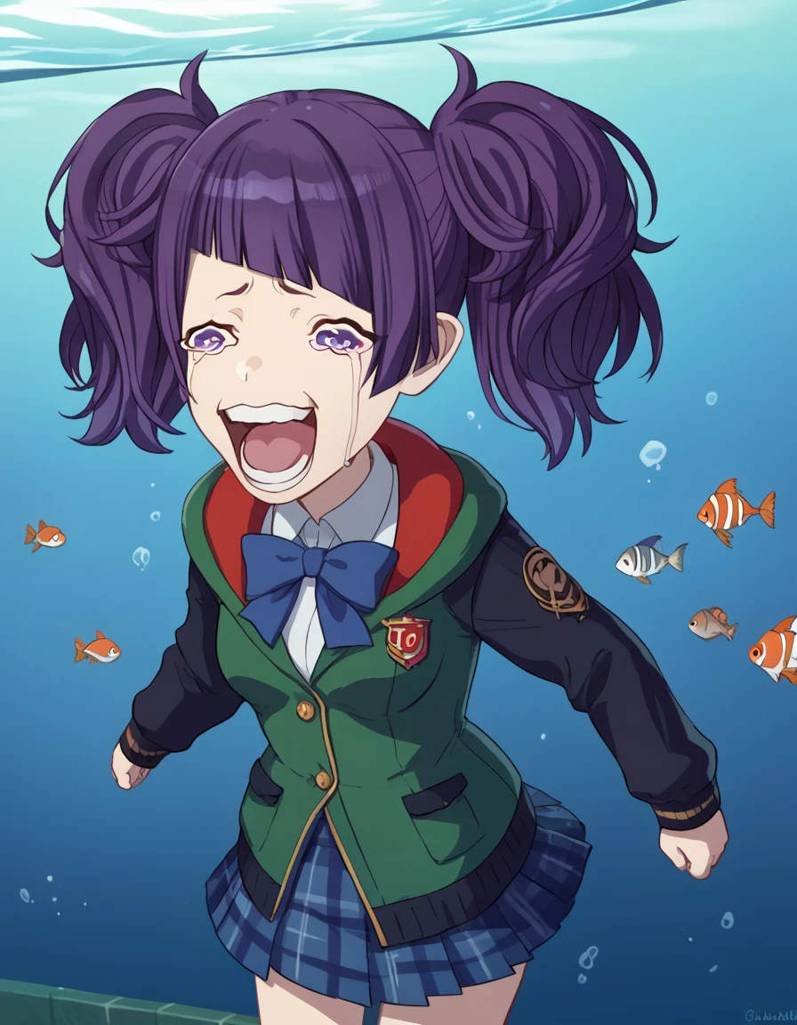 score_9, score_8_up, score_7_up, source_anime, <lora:mamimi-tanaka-s2-ponyxl-lora-nochekaiser:1>, mamimi tanaka, asymmetrical bangs, blunt bangs, diagonal bangs, purple eyes, purple hair, twintails, medium breasts,, school uniform, jacket, green jacket, jacket partially removed, shirt, collared shirt, white shirt, bow, blue bow, skirt, plaid, plaid skirt, pleated skirt, short skirt,, aquarium, water, fish, tanks, blue, smile, <lora:chopper-crying-ponyxl-lora-nochekaiser:1> chopper crying, chopper crying (meme), meme, wavy eyes, crying, tears, teeth, open mouth, tongue,, looking at viewer, solo,, dutch angle, cowboy shot
