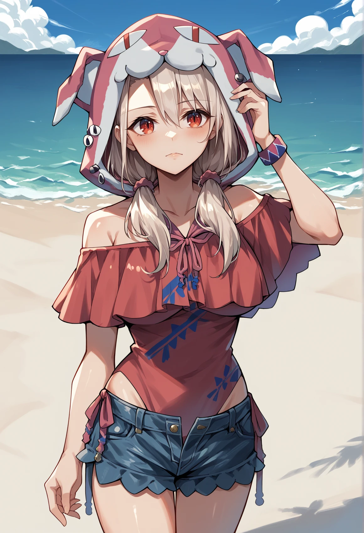 1girl, solo, white hair, red eyes, long hair,low twintails, animal hood, shorts, off-shoulder shirt, wristband, big breasts, hand on hair, outdoors, beach  <lora:Illya_pony_v2:1>, score_9, score_8_up, score_7_up, score_6_up, score_5_up, score_4_up, BREAK source_anime, masterpiece