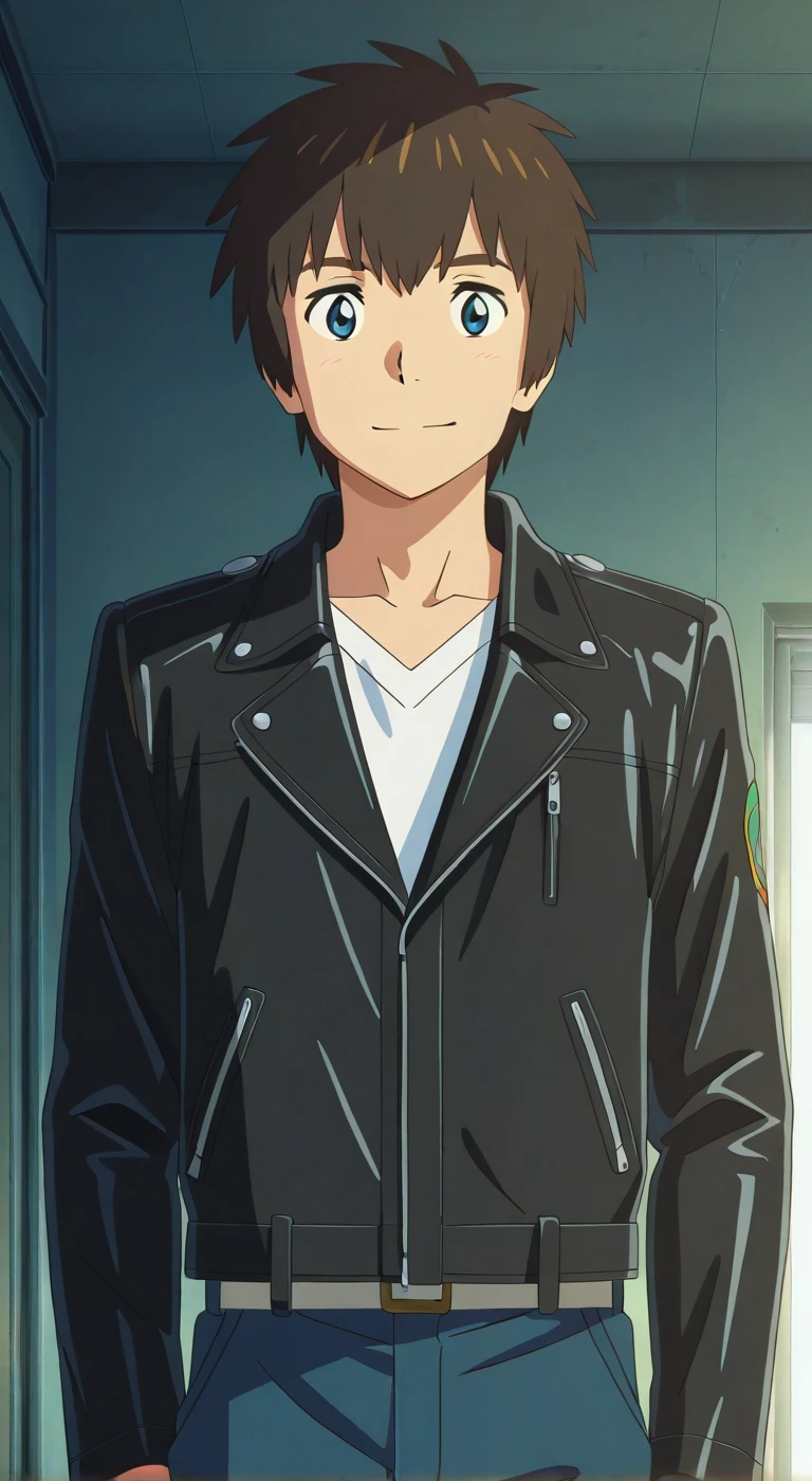 score_9, score_8_up, score_7_up, source_anime, highres, (masterpiece, best quality, (anime, anime coloring:1.3),1boy,solo,male focus,Anime screencap,tachibana taki,brown hair,blue eyes,smile,leather jacket,white t-short,laeather pants