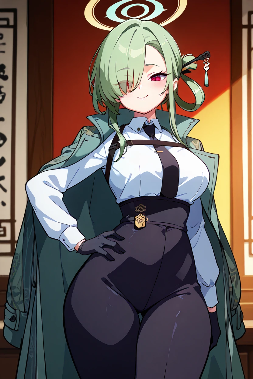 masterpiece, best quality, solo, curvy, beautiful eyes, zzMina, long hair, halo, green hair, hair over one eye, red eyes, hair ornament, hair rings, hair stick, black necktie, high-waist pants, white shirt, black gloves, black pants, jacket, long sleeves, coat on shoulders, collared shirt, hair stick, striped coat, <lora:MinaBluearchiveIXL:1.0>, cowboy shot, hand on hip, smug, smile, looking at viewer, shiny skin,<lora:DiivesIXL:1.0>,