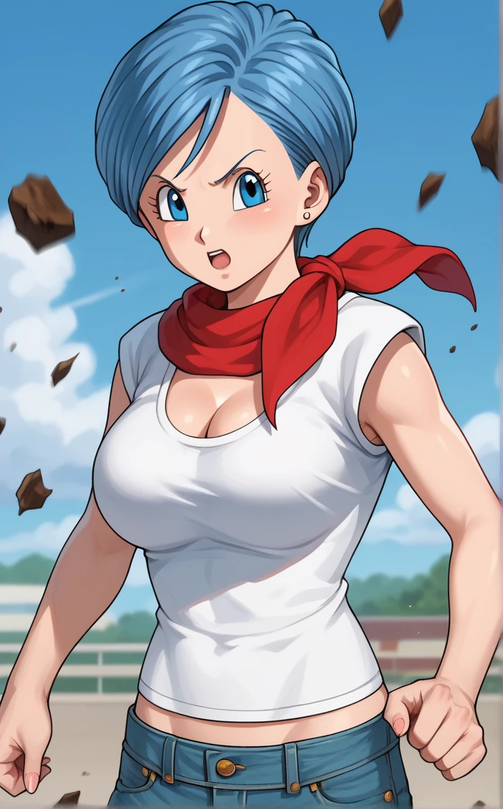 score_9, score_8_up, score_7_up, absurdres,fighting stance, dynamic pose, action scene, cowboy shot, simple background, debris, depth of field, solo, looking at viewer,  <lora:PONYXL_DragonBall_Bulma_ownwaifu:1> BREAK  MainOutfit_Bulma_ownwaifu, 1girl, blue eyes, blue hair, eyelashes, short hair, jewelry, white shirt, cleavage, stud earrings, medium breasts, red neckerchief, short sleeves, denim, red scarf, jeans, breasts, midriff, swept bangs, large breasts, t-shirt, blue pants, sleeveless shirt, midriff peek,  <lora:add-detail-xl:0.15>,