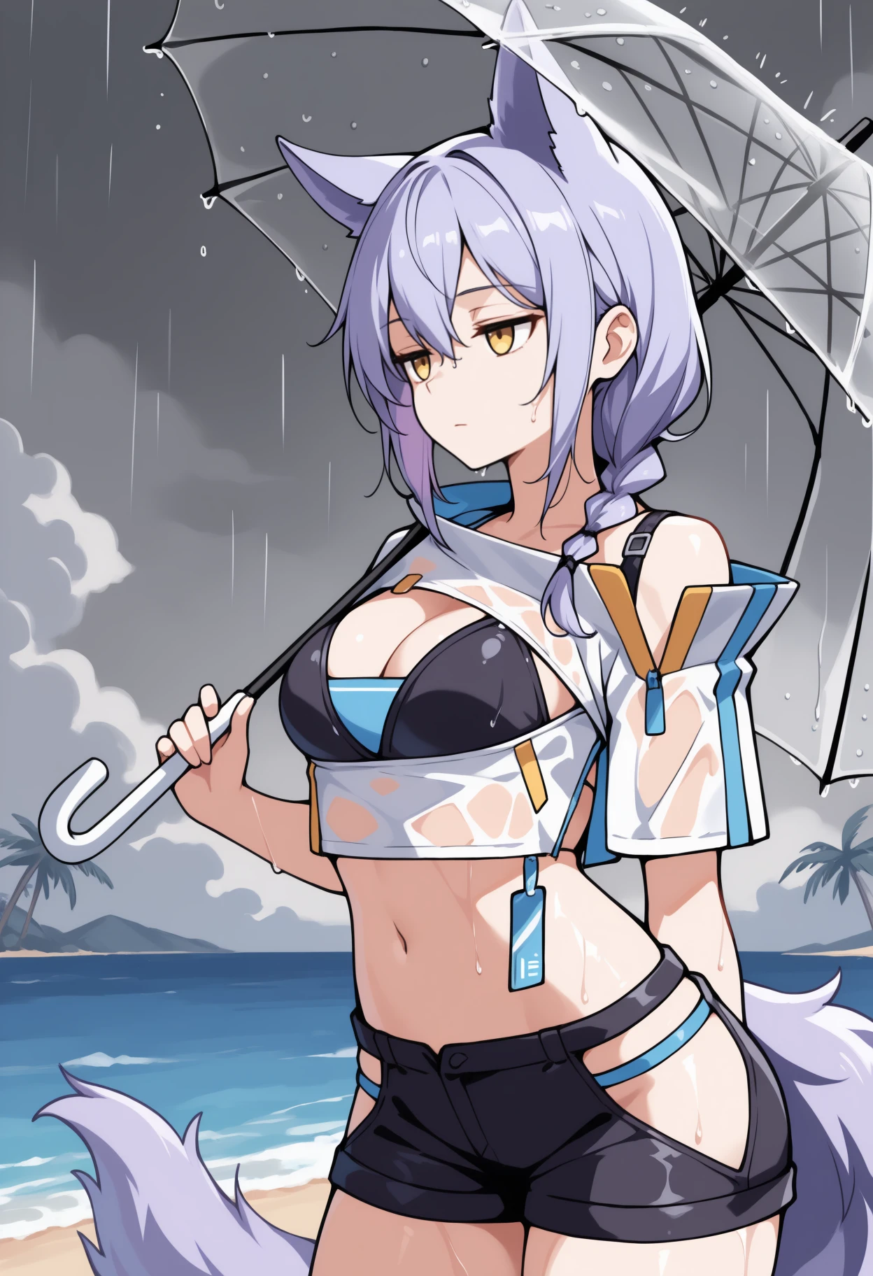 masterpiece, best quality, solo, 1girl, prvcecsv, wolf tail, large tail, wet, expressionless, standing, holding umbrella, transparent umbrella, long hair, purple hair, hair between eyes, single braid, animal ears, extra ears, yellow eyes, jitome, white jacket, cropped jacket, short sleeves, black bikini, bikini under clothes, black shorts, short shorts, hip vent, single bare shoulder, stomach, navel, cleavage, medium breasts, outdoors, grey sky, cloudy sky, rain, beach, ocean, palm tree
<segment:yolo-Anzhc Face seg 640 v2 y8n.pt,0.4,0.5//cid=1>