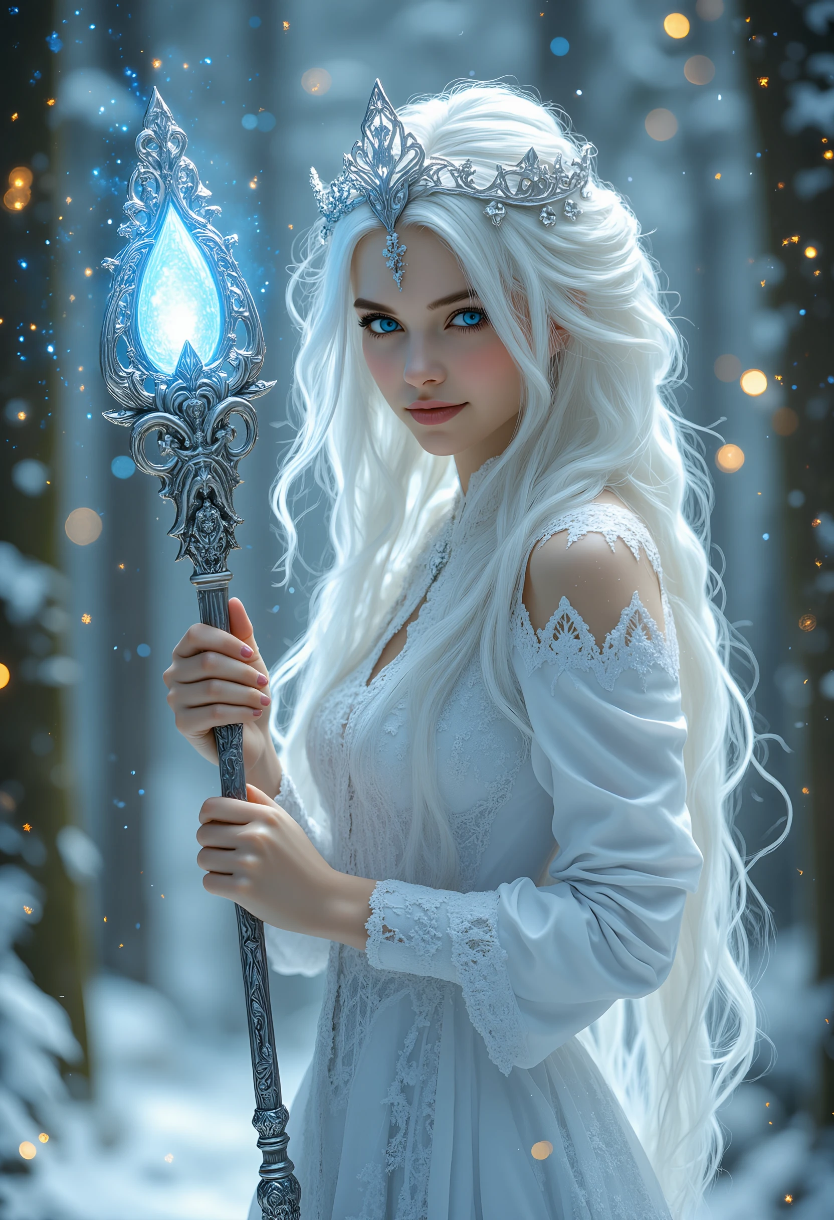 EE_DA, 

A mesmerizing frost young mage standing gracefully in the heart of a snow-covered enchanted forest. Her long, platinum-white hair flows elegantly over her shoulders, with intricate braids that frame her youthful and ethereal face. Her glowing blue eyes radiate an icy power, exuding an aura of mystique and mastery over frost magic. A delicate, ornate silver tiara-like ornament rests on her forehead, shaped with intricate patterns that shimmer like frost under the soft winter light.

She is adorned in a form-fitting, elegant white gown that hugs her graceful figure, its design accented with intricate silver frost-like patterns. The gown features tasteful cutouts, revealing hints of her skin while maintaining an air of regal sophistication. The shimmering silver details reflect the cold light, giving her an almost otherworldly glow as if she embodies winter itself.

In her hand, she wields an ornate silver staff crowned with a radiant, glowing blue crystal that pulsates with frost energy, trailing wisps of icy mist. Her entire being emanates both beauty and strength, blending her commanding presence with her delicate, youthful appearance.

The background is a wintry wonderland, with frost-covered trees and a faint, magical mist swirling around her. Golden and icy-blue bokeh lights flicker softly in the distance, casting a mystical glow over the scene. Snowflakes fall gently, enhancing the dreamlike atmosphere and drawing all attention to her as the embodiment of cold elegance and magical power.