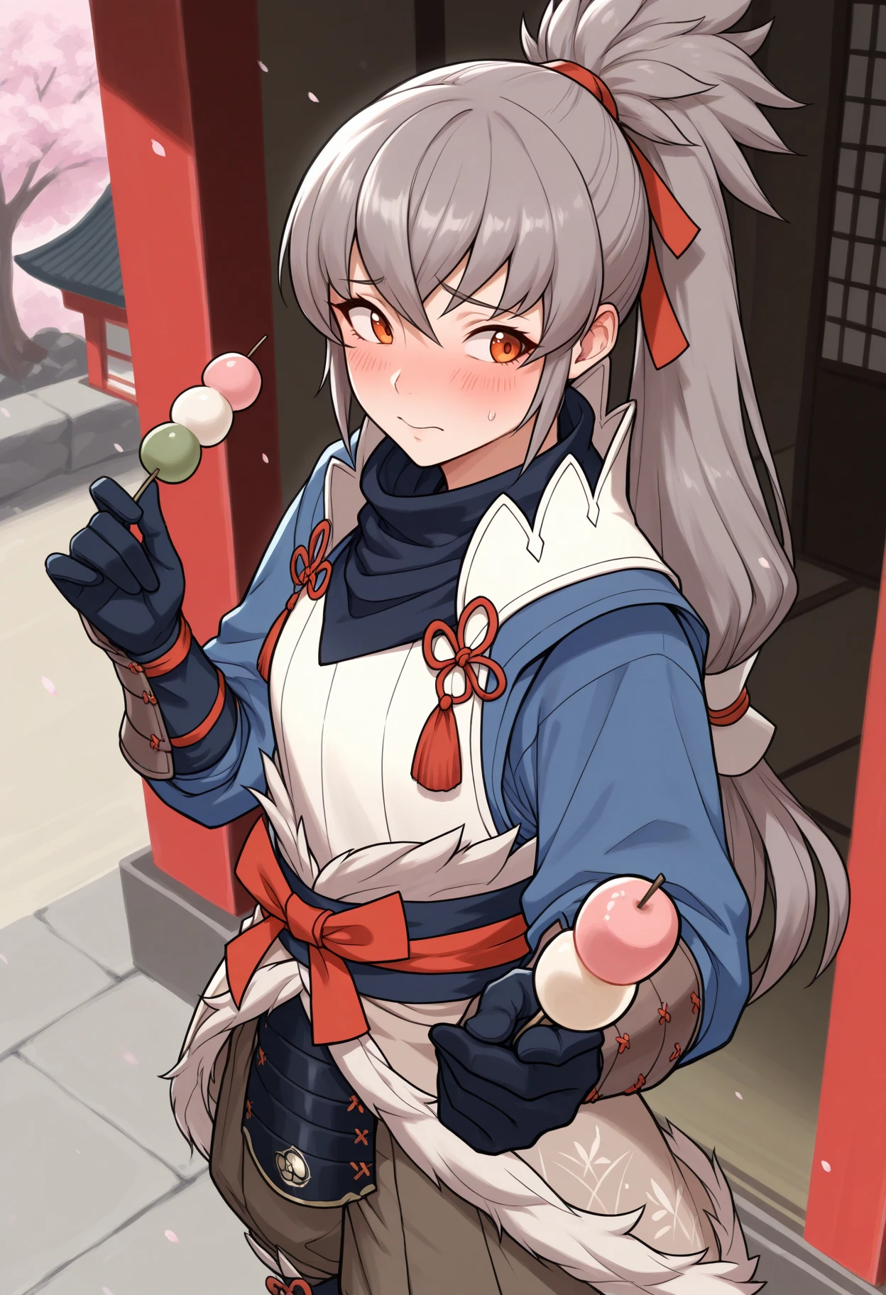 masterpiece, best quality, blush, looking to the side, embarrassed, holding dango, incoming food, foreshortening, <lora:TakumiFE-illu:1> dfTaku, grey hair, ponytail, long hair, red hair ribbon, orange eyes, japanese clothes, black neckerchief, white vest, high collar, blue shirt, sash, fur trim, brown vambraces, black gloves, armor, beige skirt, brown pants, baggy pants, cherry blossoms, japanese architecture