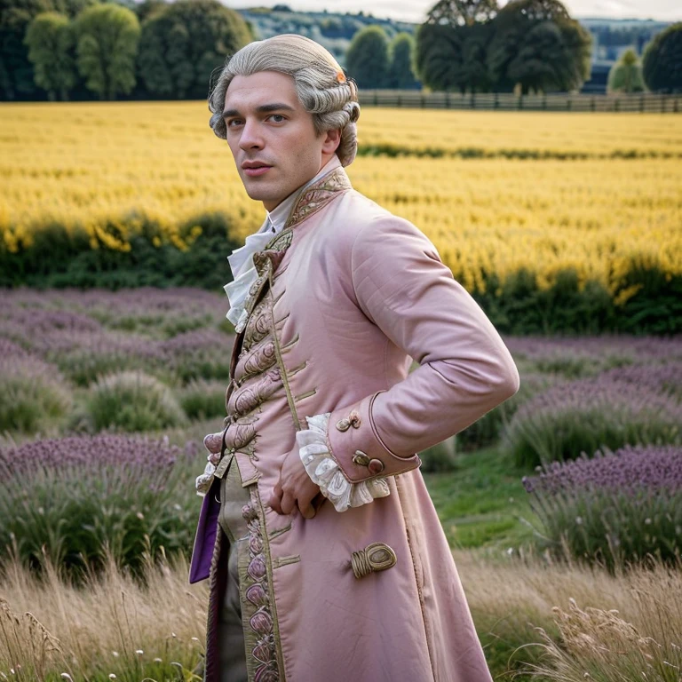 <lora:18th_Century_man_V0-000018:0.5> w16hsl1ps, 1boy, 1man,  professional photograph, 4K, 18th century clothes, historical wig, grey hair, sunny field, meadow, dramatic lighting, ultra realistic photograph, professional art, by Gucci photographer, medium shot, from waist up, pink lips, (purple coat), (from front:1.1), looking to side, (hand on hips:1.25),