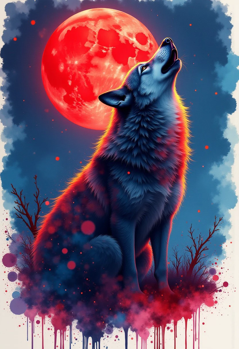 "Coloful Ink splash art style of a howling wolf viewed from the side. Large red moon, night sky. Colorful inksplash background.