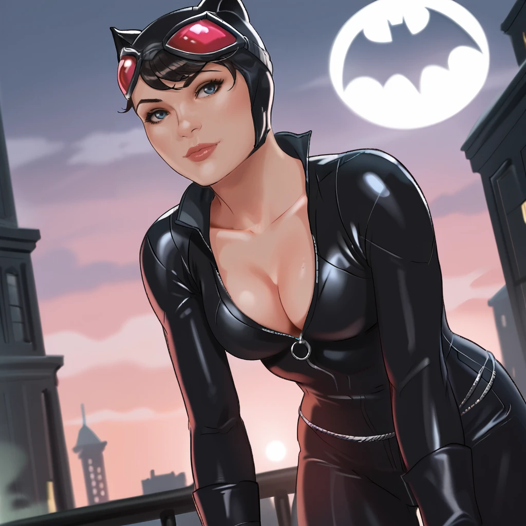 <lora:markbrooks_pony_v1:1> score_9, markbrook_style, markbrook, source_artwork <lora:catwomandccomics_pony_v1:0.8> catwoman, 1girl, medium breasts, black bodysuit, cleavage, black hair, goggles on head, animal ears, short hair, cowboy shot