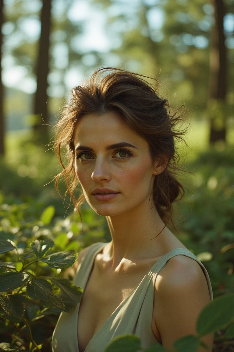 (photo of a brunette woman), editorial photoshoot, close up, in a floral garden, shot on film camera, kodak colors, close up, elegant pose, perfect lighting, beautiful sky showing through the leaves, she is wearing a plain summer dress, beautiful smile, 90mm lens, extremely detailed, in an exotic forest location