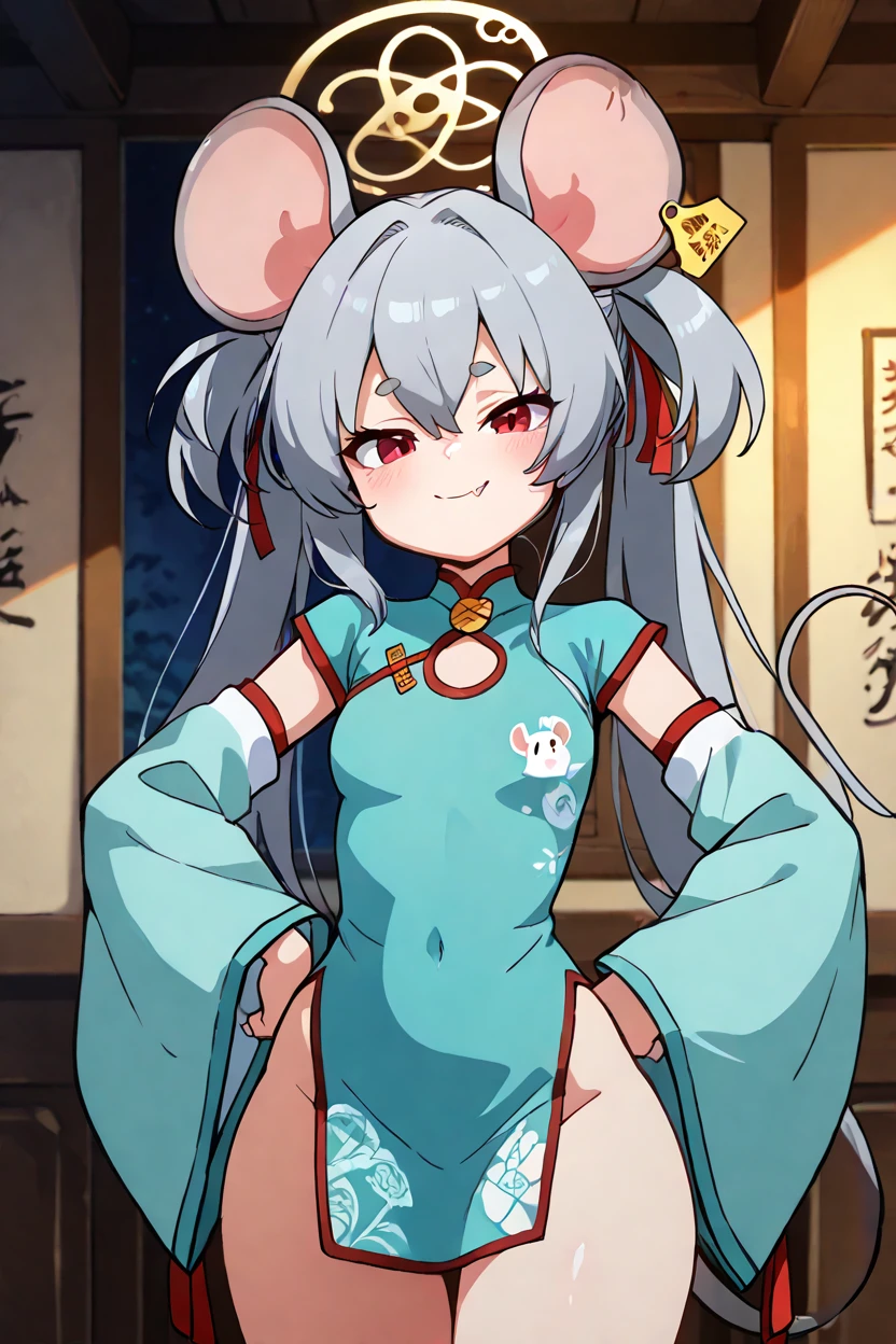 masterpiece, best quality, solo, curvy, beautiful eyes, zzSaya, animal ears, mouse ears, long hair, red eyes, grey hair, halo, mouse tail, mouse girl, tail, fang, china dress, ear tag, solo, blue dress, detached sleeves, mouse, bow  ,<lora:SayaBluearchiveIXL:1.0>, cowboy shot, hand on hip, smug, smile, looking at viewer, shiny skin,<lora:DiivesIXL:1.0>,