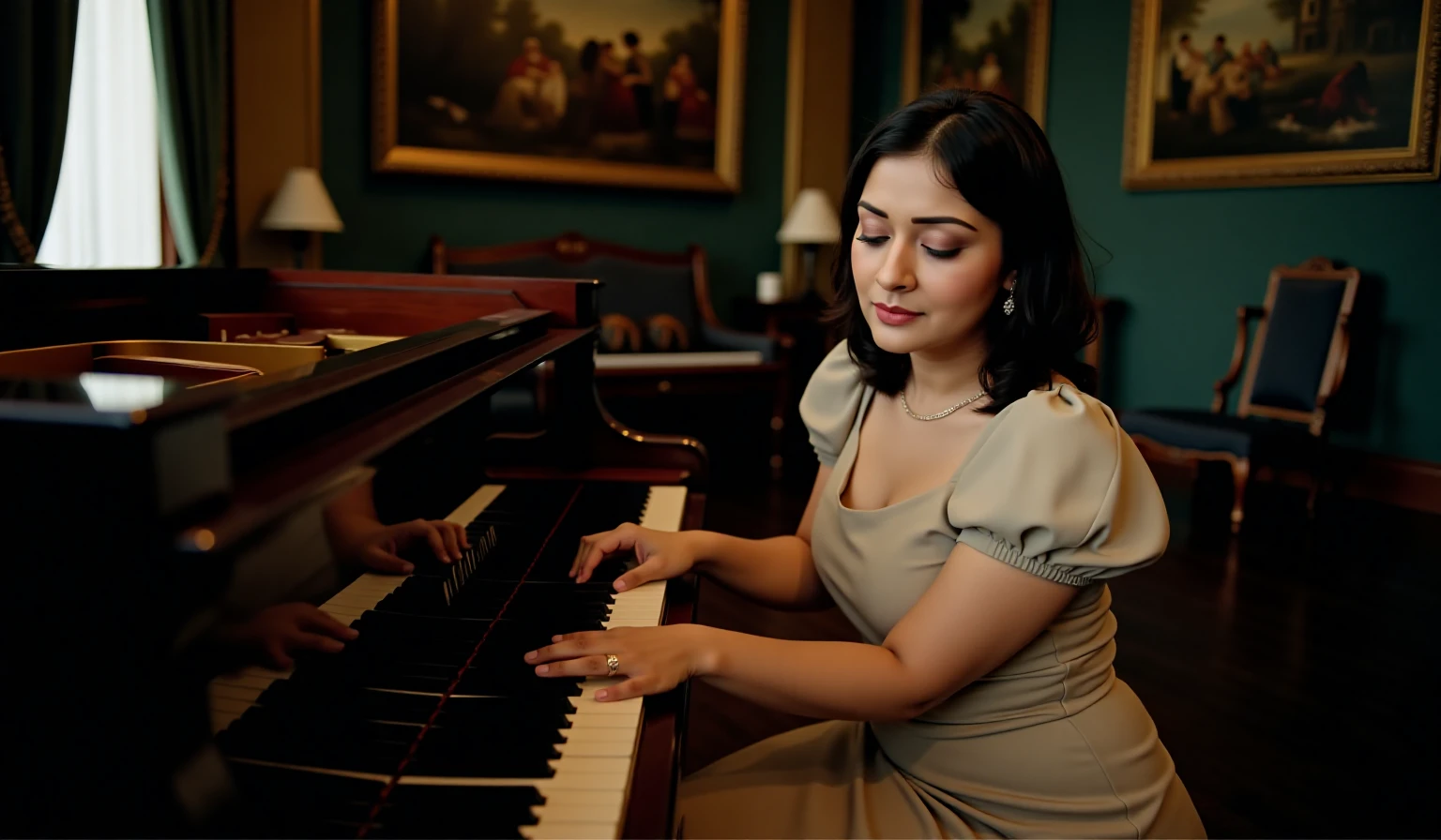 payalrajputukohwx  sits contemplatively by a grand piano in a grand, antique room.  She wears a light beige, antique-style,  dress with puffed short sleeves creating a vintage aesthetic.  Her expression is thoughtful and slightly pensive, her gaze directed downward and outward.  Her dark brown, shoulder-length hair is styled in loose waves. She wears small delicate earrings, and her hands gracefully rest on the piano keys.  The  grand piano is dark mahogany, polished to a high sheen, with ivory keys.  The room is richly decorated with antique furnishings and artwork.  Muted jewel tones and warm golds on the walls create a rich, historical mood.  Soft, diffused lighting bathes the scene, emphasizing the subject and the ornate details of the room, hinting at an intimate, melancholic, or quiet moment.  The perspective is a slightly low, angled viewpoint, focused on the interaction between the woman and instrument.  The style is evocative of classical portraiture, capturing both the historical and artistic spirit of the scene.  A soft, natural light illuminates the room, creating subtle shadows to enhance the depth of field.  The composition is harmonious and balanced, with the subject subtly situated within the environment.  The overall mood is quiet, introspective, and intimate, perfectly reflecting a moment of thoughtful reflection.
