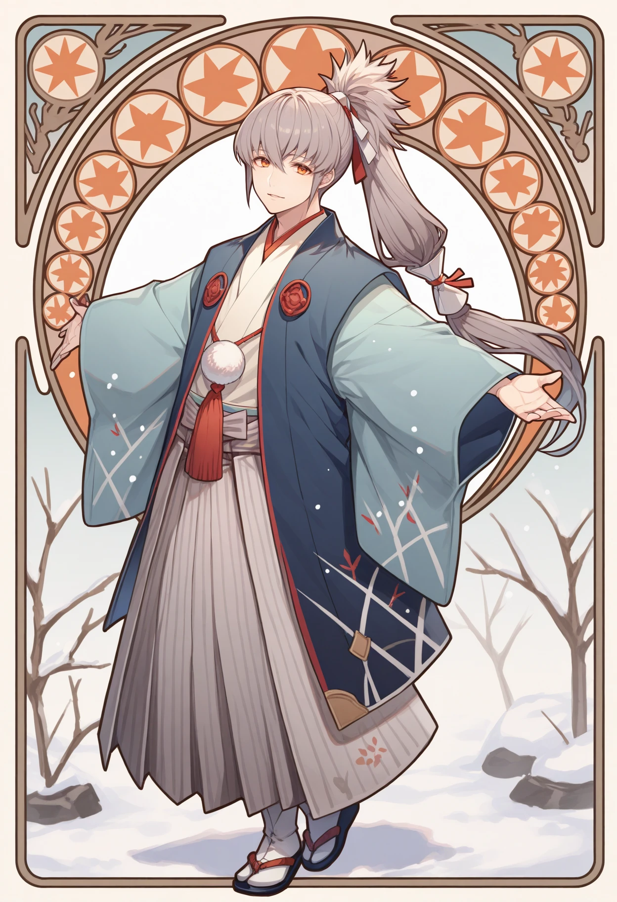 masterpiece, best quality, 1boy, looking at viewer, spread arms, parted lips, <lora:TakumiFE-illu:1> nyTaku, grey hair, ponytail, long hair, shide hair ribbon, orange eyes, blue hakama, wide sleeves, aqua sleeves, grey hakama skirt, tabi, art nouveau, snow