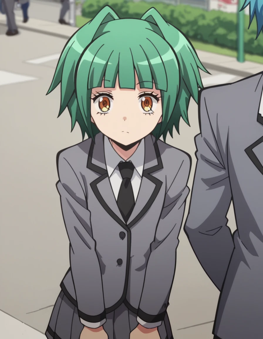 score_9, score_8_up, score_7_up, source_anime, <lora:kaede-kayano-s1s2-ponyxl-lora-nochekaiser:1>, kaede kayano, short hair, bangs, brown eyes, yellow eyes, green hair, hair intakes, anime screencap,, blazer, grey blazer, school uniform, pleated skirt, necktie, grey skirt, black necktie, white shirt, collared shirt, long sleeves,, crosswalk, people, street, white lines, traffic, , hands on own knees, looking at viewer, solo,, dutch angle, cowboy shot