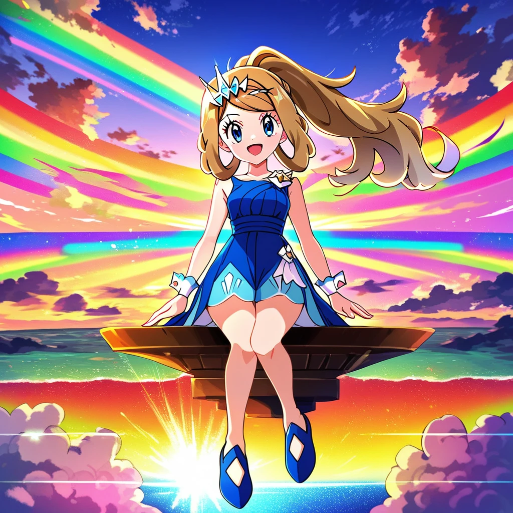 (1girl), solo, sitting, rainbow, clouds, colorful,
legs_up, blue_shoes, arms_at_sides, looking at viewer, blush, smile, open mouth,long_ hair,  bangs, blue_eyes, blonde_hair, dress, bare_shoulders, ponytail, official_alternate_costume, wrist_cuffs, eyelashes, blue_dress, hair_ornament, serena_\(pokemon\), silver_tiara, masterpiece,amazing quality,very aesthetic,high resolution,ultra-detailed,absurdres,newest,ncserena, ((anime style, source anime)), (vibrant colors), [high saturation], score_9, score_8, score_7