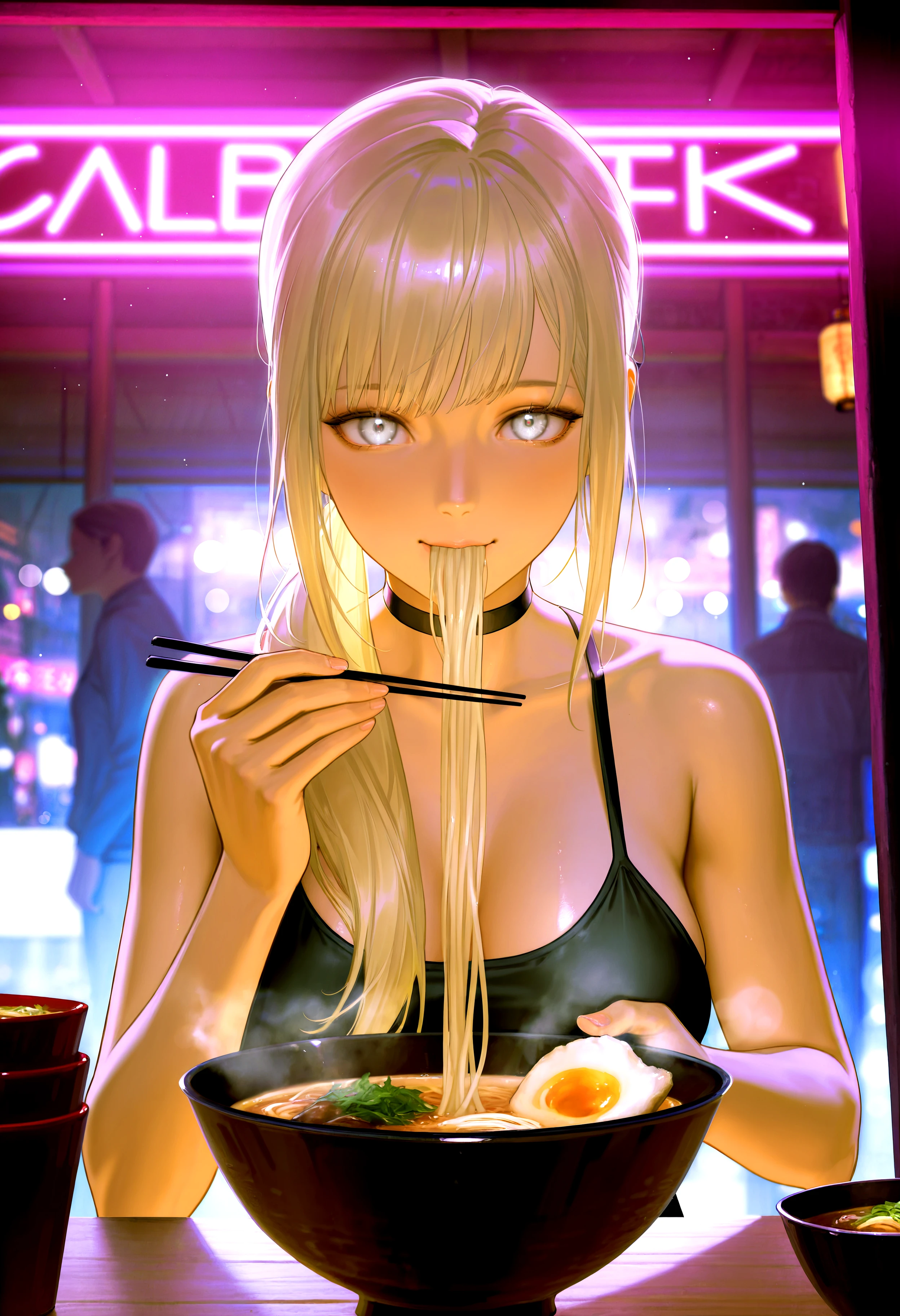 HDR, 8K, high contrast, masterpiece, best quality, amazing quality, very aesthetic, high resolution, ultra-detailed, absurdres, newest, scenery, light rays, dynamic angle, chiaroscuro, noodles, chopsticks, ramen, neon lights, 1girl, grey eyes, blonde hair, side ponytail, long hair, bangs, large breasts, holding chopsticks, eating, choker, food, holding, bowl, looking at viewer, cyberpunk, glowing, solo focus, lantern, glowing eyes, (bokeh), fog, BREAK, photorealistic, beautiful detailed eyes, detailed skin, detailed hair, volumetric lighting, dappled light, light particles, dramatic shadows, cinematic lighting, photo background, depth of field, <lora:IL\KMS_MM_Naira_IL:0.7>