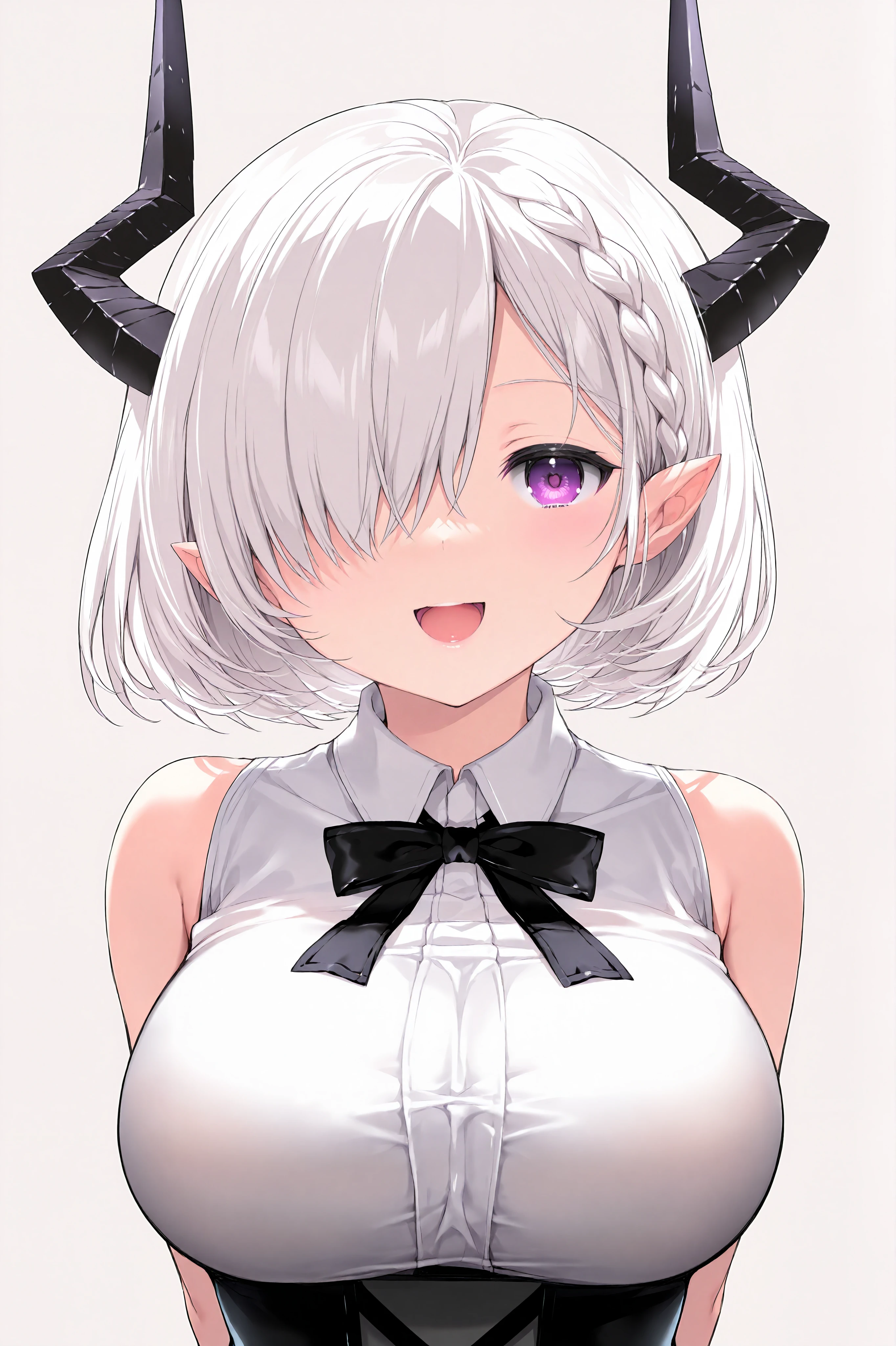 masterpiece,best quality,1girl,solo,absurdres,
1girl,breasts,solo,horns,hair over one eye,shirt,purple eyes,open mouth,white shirt,short hair,looking at viewer,white background,large breasts,pointy ears,upper body,smile,sleeveless,bow,braid,bowtie,white hair,sleeveless shirt,simple background,black bow,black bowtie,bare shoulders,:d,collared shirt,arms behind back,skirt,high-waist skirt,curled horns,
upper body,<lora:lzh-illV1-000019:1>,