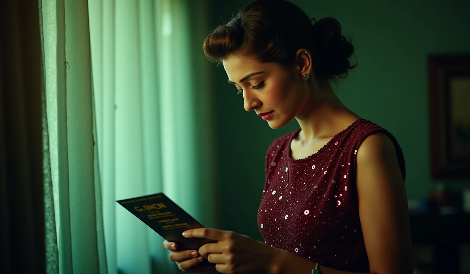 payalrajputukohwx ,hair in a 1940s-style bouffant,  wearing  maroon, sequined sleeveless tops. The top is adorned with small, evenly dispersed sequins, creating a shimmering effect.. .  She holds a formal invitation card in her hands, the design displaying a regal, vintage aesthetic.  Subtle, wistful expression, gazing downwards.  Soft, diffused green-tinted light from a window, creating a dramatic contrast with deep shadows.  The window is draped with delicate, lacy curtains, casting an ethereal quality to the scene.  Interior setting, likely a vintage home.  Perspective is a slight medium close-up.  Composition focuses on the woman, placing her centrally with the backdrop gently blurring into the background.  Gentle, warm, and melancholic mood.  Style reminiscent of vintage Hollywood glamour, with a touch of artistic romanticism.  Soft, ethereal lighting creates a mood of quiet contemplation, highlighting the texture of the fabric.  The overall tone is nostalgic, evoking a sense of timeless beauty and delicate introspection.  Art style:  photographic, vintage aesthetic, romanticism.
