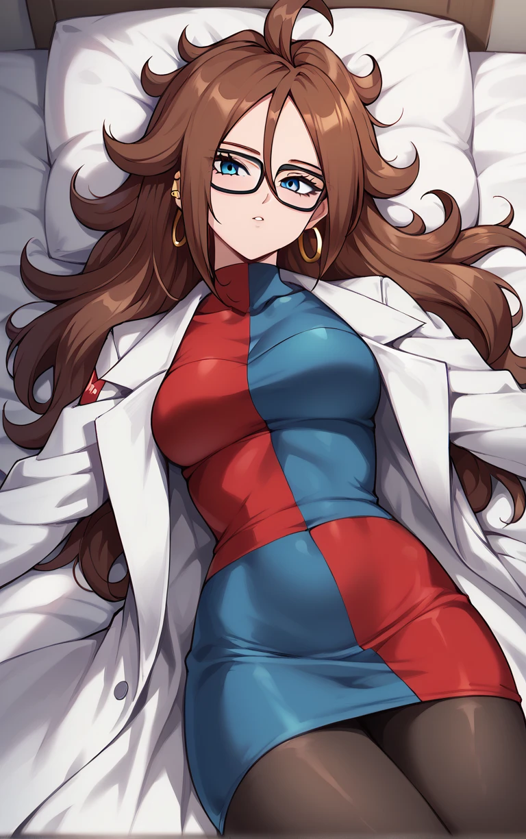 score_9, score_8_up, score_7_up, BREAK
HumanForm_Labcoat_Android21_ownwaifu, android 21, 
1girl, big hair, blue eyes, brown hair, curly hair, glasses, hoop earrings, jewelry, long hair, spiked hair, hair between eyes, medium breasts, nail polish, black nails, black-framed eyewear, messy hair,
lab coat, white coat, long sleeves, checkered dress, black pantyhose, short dress, blue dress, red dress, turtleneck dress, impossible clothes, taut clothes, collarbone, 
(lying,  on bed, on back), pillow, from above, indoors, <lora:PONYXL_Android21_DragonBall_ownwaifu:0.75> , depth of field, solo,