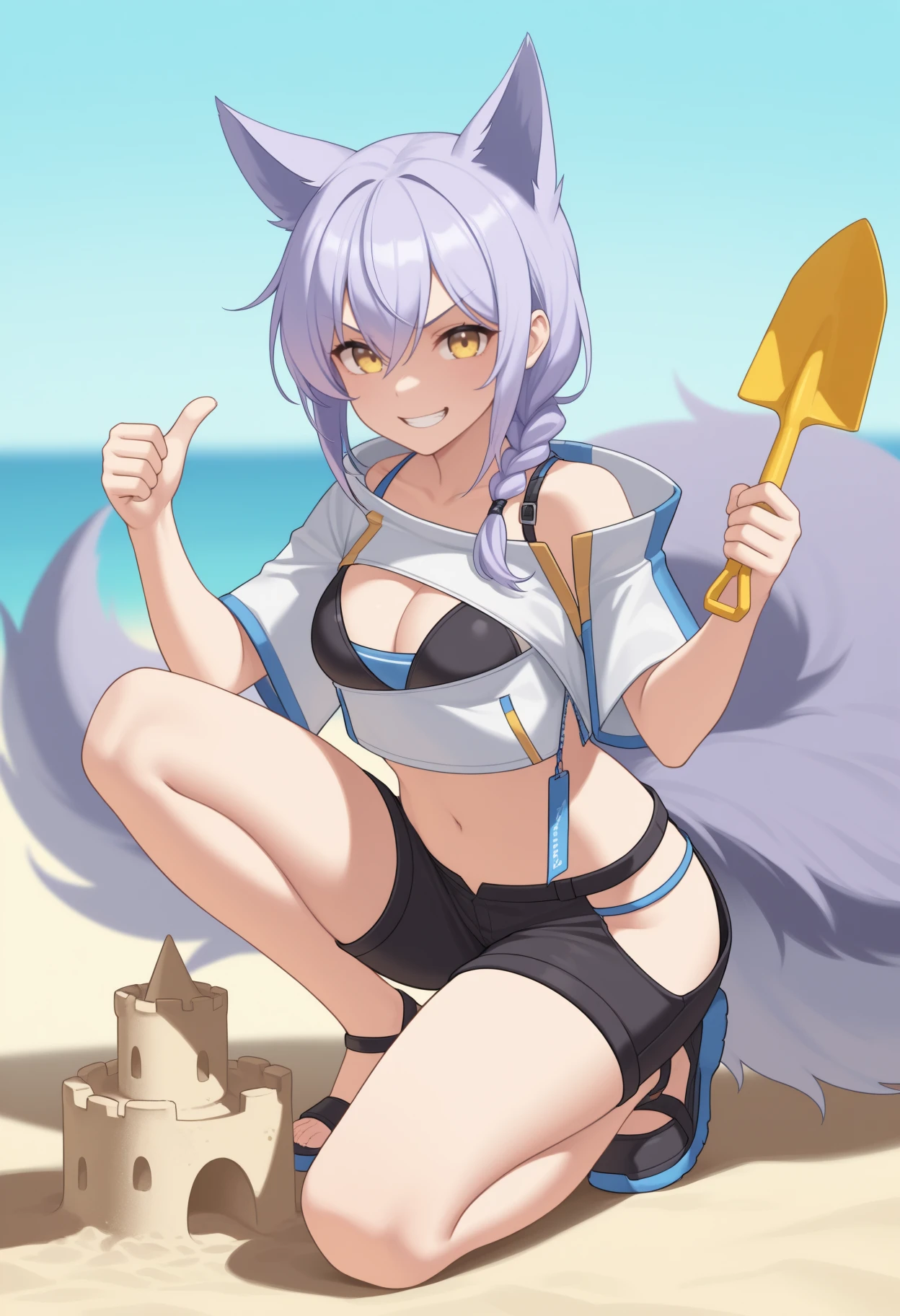 masterpiece, best quality, full body, solo, 1girl, prvcecsv, wolf tail, large tail, grin, looking at viewer, on one knee, thumbs up, holding, trowel, toy shovel, long hair, purple hair, hair between eyes, single braid, animal ears, extra ears, yellow eyes, v-shaped eyebrows, white jacket, cropped jacket, short sleeves, black bikini, bikini under clothes, black shorts, short shorts, hip vent, single bare shoulder, stomach, navel, cleavage, medium breasts, outdoors, day, beach, sand castle
<segment:yolo-Anzhc Face seg 640 v2 y8n.pt,0.4,0.5//cid=1>