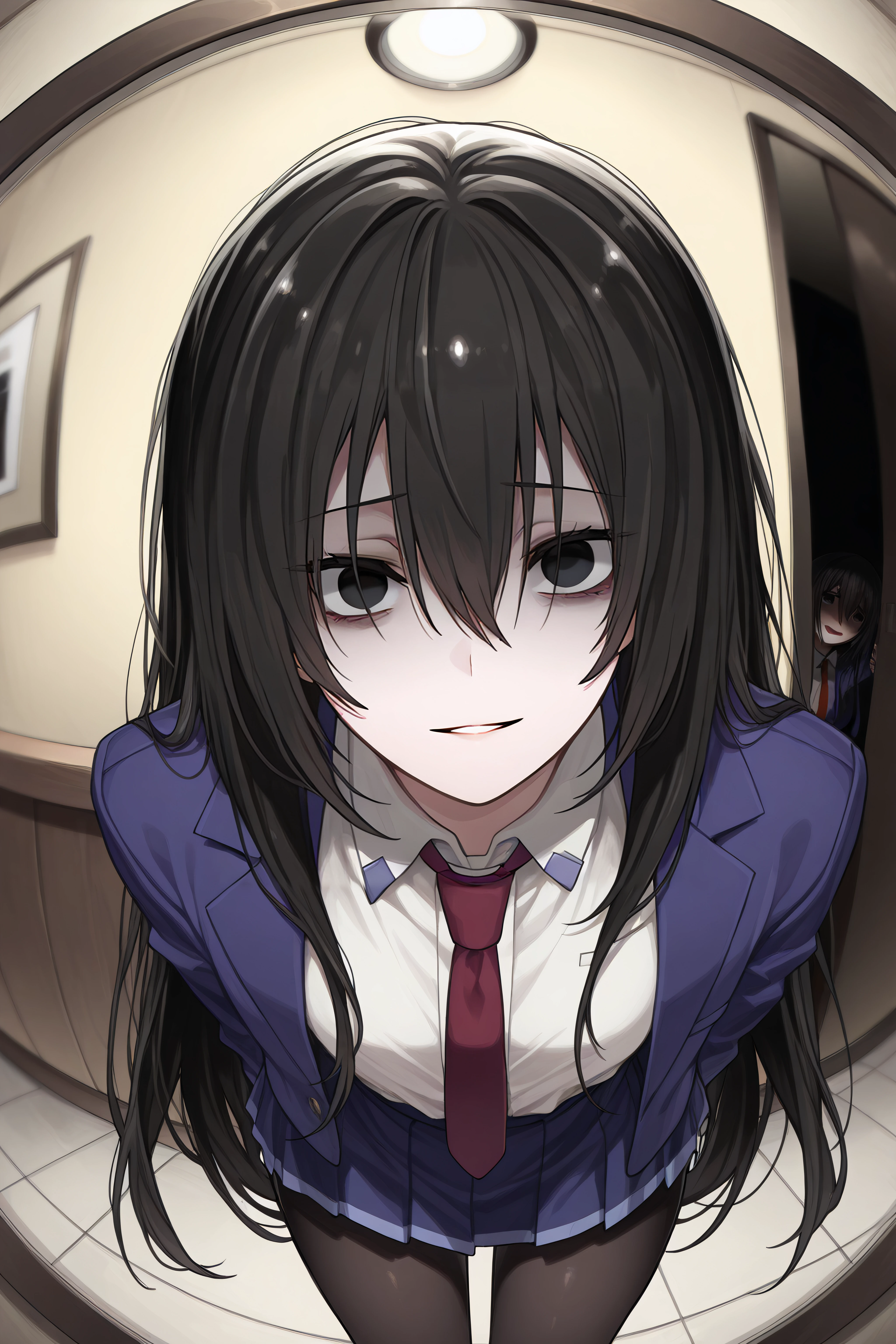 masterpiece, best quality, <lora:Kirukiru Amou-Illustrious-lora-Faxtron:1> kirukiru amou, black eyes, black hair, very long hair, cropped blue blazer, white shirt, red necktie, blue skirt, black pantyhose, 
 <lora:pov-peephole-ponyxl-lora-nochekaiser:1> pov peephole, peephole, fisheye, round border, peeking, voyeurism, aprtment, yandere, horror (theme), yandere, flourescent lamp,,