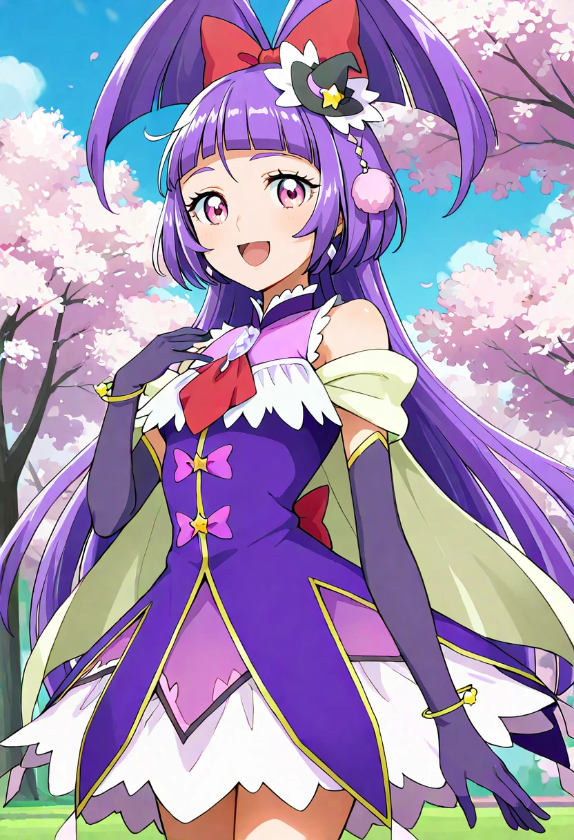 masterpiece, best quality, absurdres, very aesthetic, general,
cure magical, cure magical \(diamond style\), crmgcldiamond, 1girl, solo, purple hair, witch hat, open mouth, smile, elbow gloves, cherry blossoms, black gloves, purple eyes, :d, red bow, hair bow, tree, pink eyes, purple skirt, bracelet, shiny hair, very long hair, outdoors, blunt bangs, purple dress, day, upper body, pink bow, mini witch hat, bare shoulders, hat bow, standing, eyelashes, black headwear, choker, happy, blue sky, red neckwear, pom pom hair ornament, cowboy shot, detached sleeves, cloud, looking at viewer, brooch, purple gloves, star hair ornament, hand up, cape, floating hair, petals, frills, shirt, pink flower, eyebrows visible through hair, star hat ornament, purple neckwear, sleeveless dress, white cape, arm warmers, purple bow, earrings, gem, half updo, spring \(season\), tilted headwear, star ornament, thighs, 
<lora:cure_magical_izayoi_liko_illustXL_locon_v1:0.7>