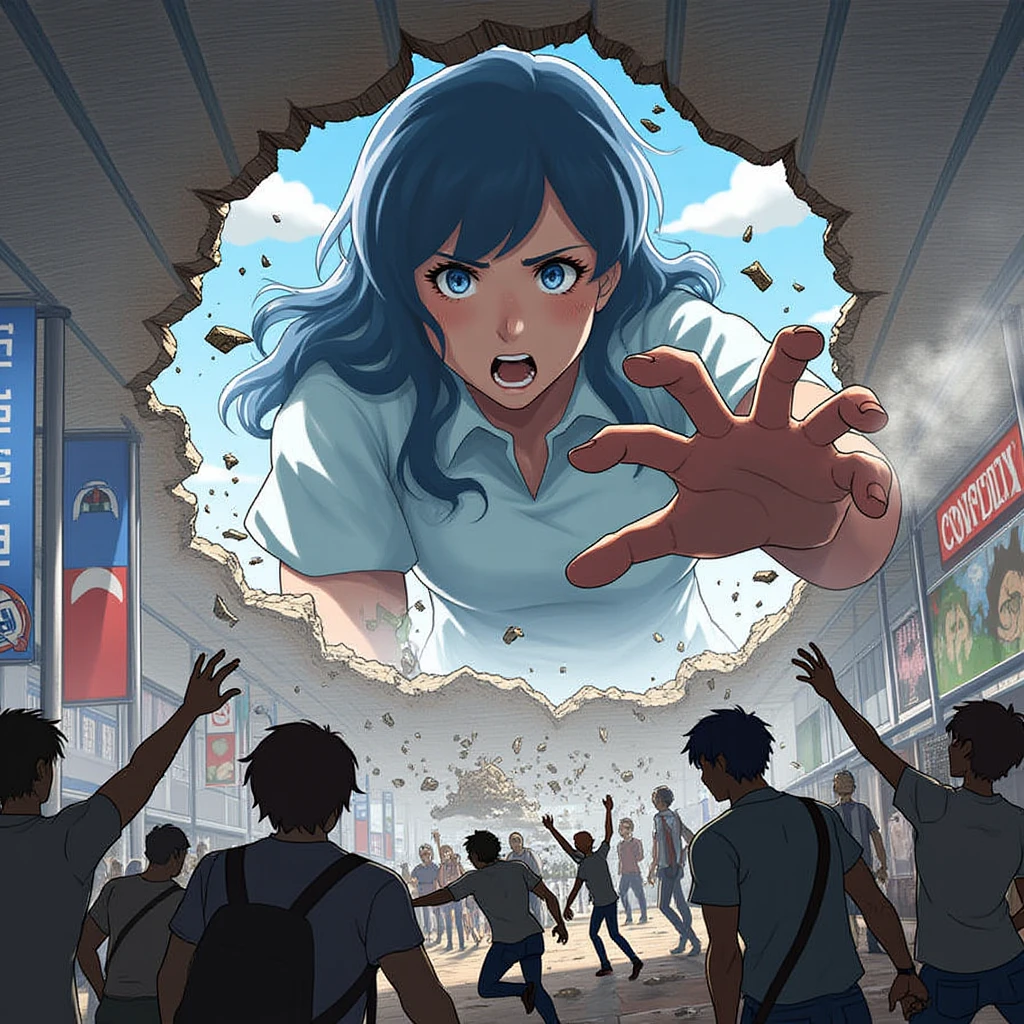 modern anime screencap, inside a comic convention, giant woman on the outside reaching with her hand through a giant hole in the roof towards the viewer. debris and smoke and dust is scattered around and flying through the air. people are fleeing in panic.