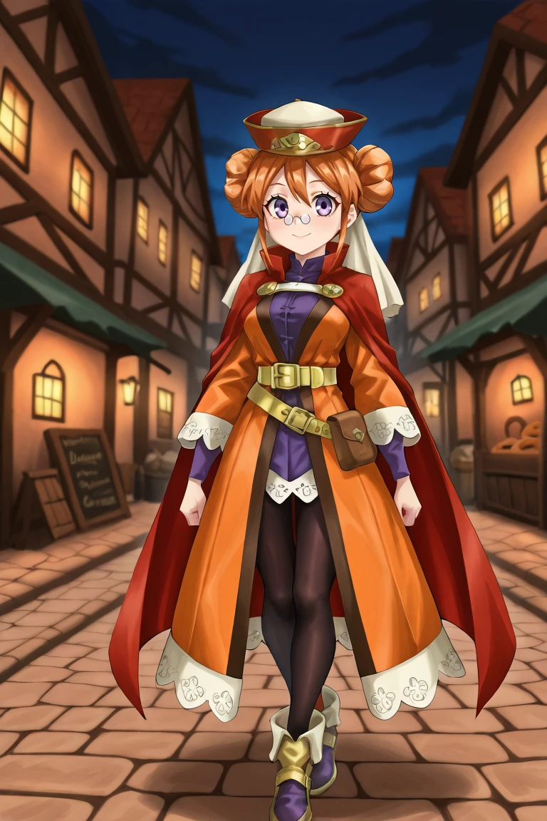 <lora:EudyIL:0.8>, eudef, 1girl, purple eyes, orange hair, double bun, doughnut hair bun, (pince-nez glasses), red cape, hat, veil, black leggings, orange coat, shirt under coat, purple shirt, yellow belt, purple shoes, exterior, night, closed mouth, smile, cobblestone road, medieval village, town, looking at viewer, walking, full body, solo, masterpiece, very aesthetic, absurdres, best quality, amazing quality, high resolution, detailed background, <lora:illustrious_quality_modifiers_masterpieces_v1:0.8> ,