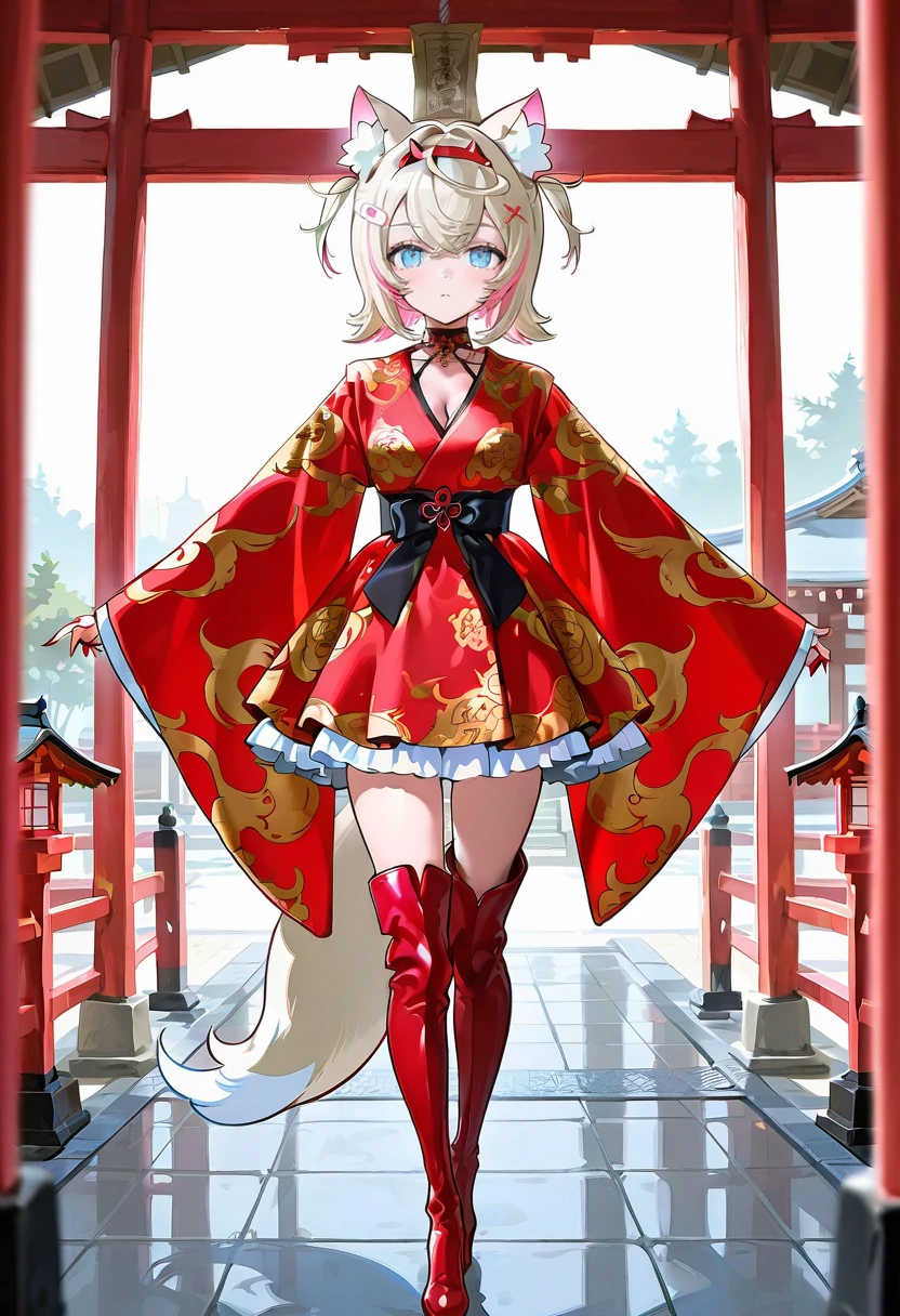 1girl,solo,looking at viewer,ikeda ruriko,silk red dress, wide sleeves, thigh boots, mococo_abyssgard,shrine,